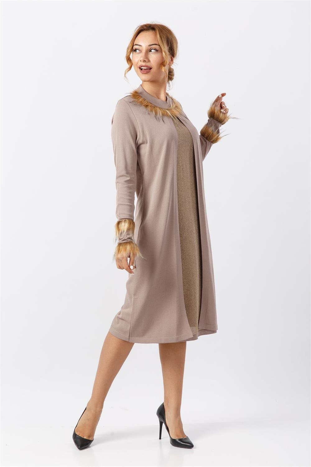 Kadın Yakası Ve Kolu Kürk Detaylı Tunik BEIGE