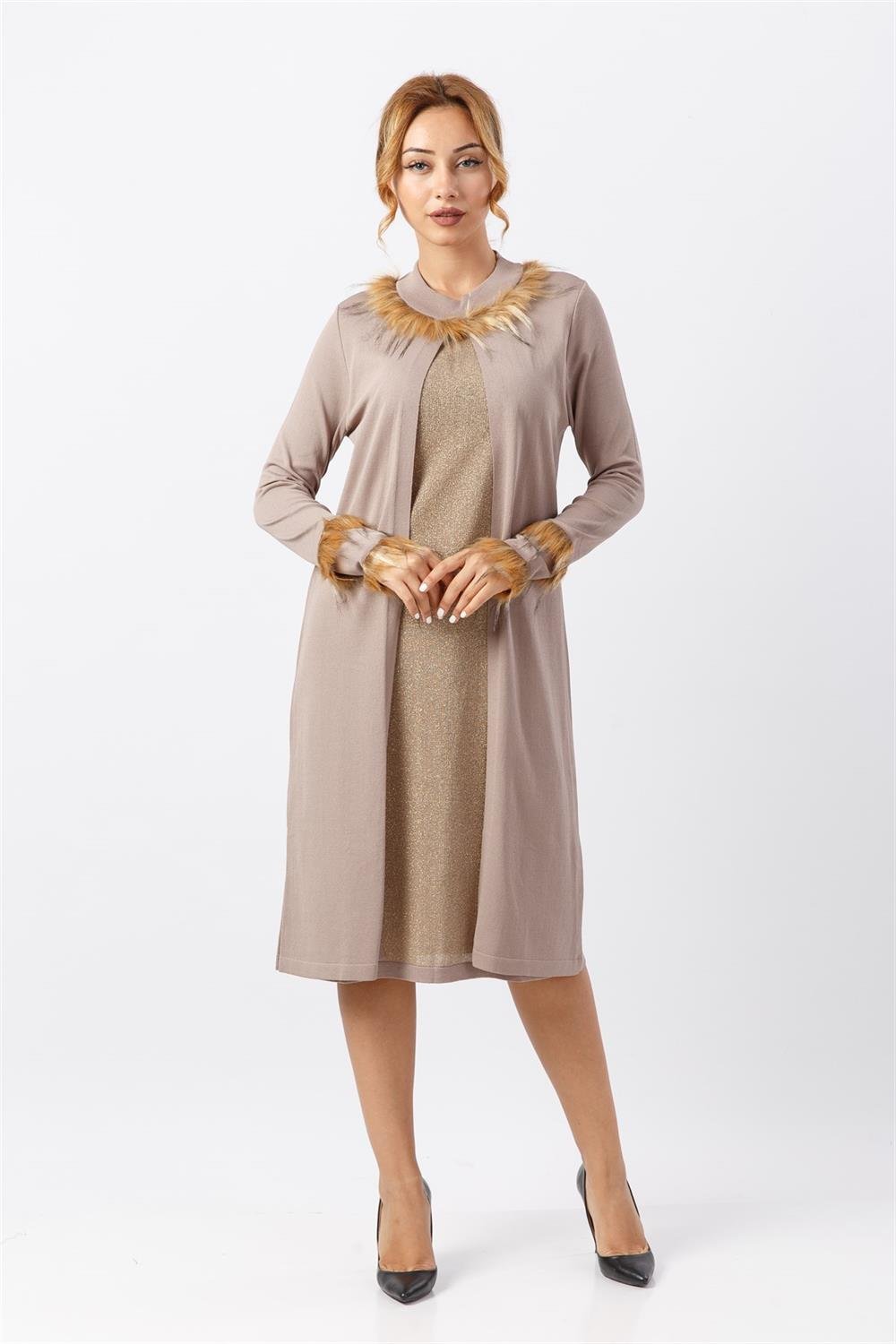 Kadın Yakası Ve Kolu Kürk Detaylı Tunik BEIGE