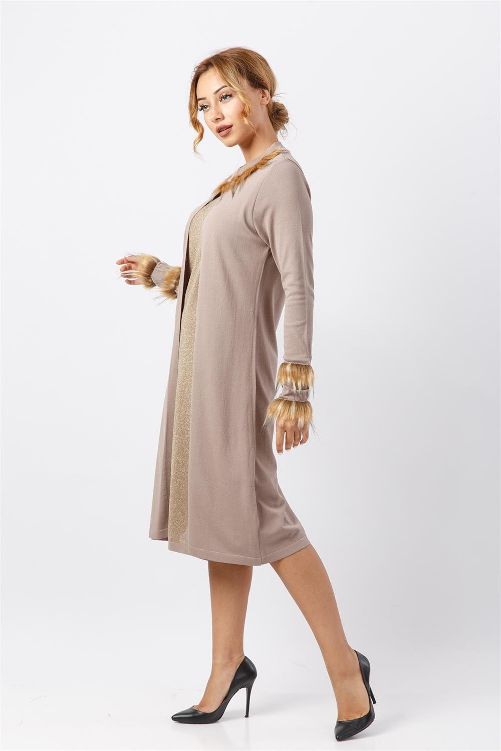 Kadın Yakası Ve Kolu Kürk Detaylı Tunik BEIGE
