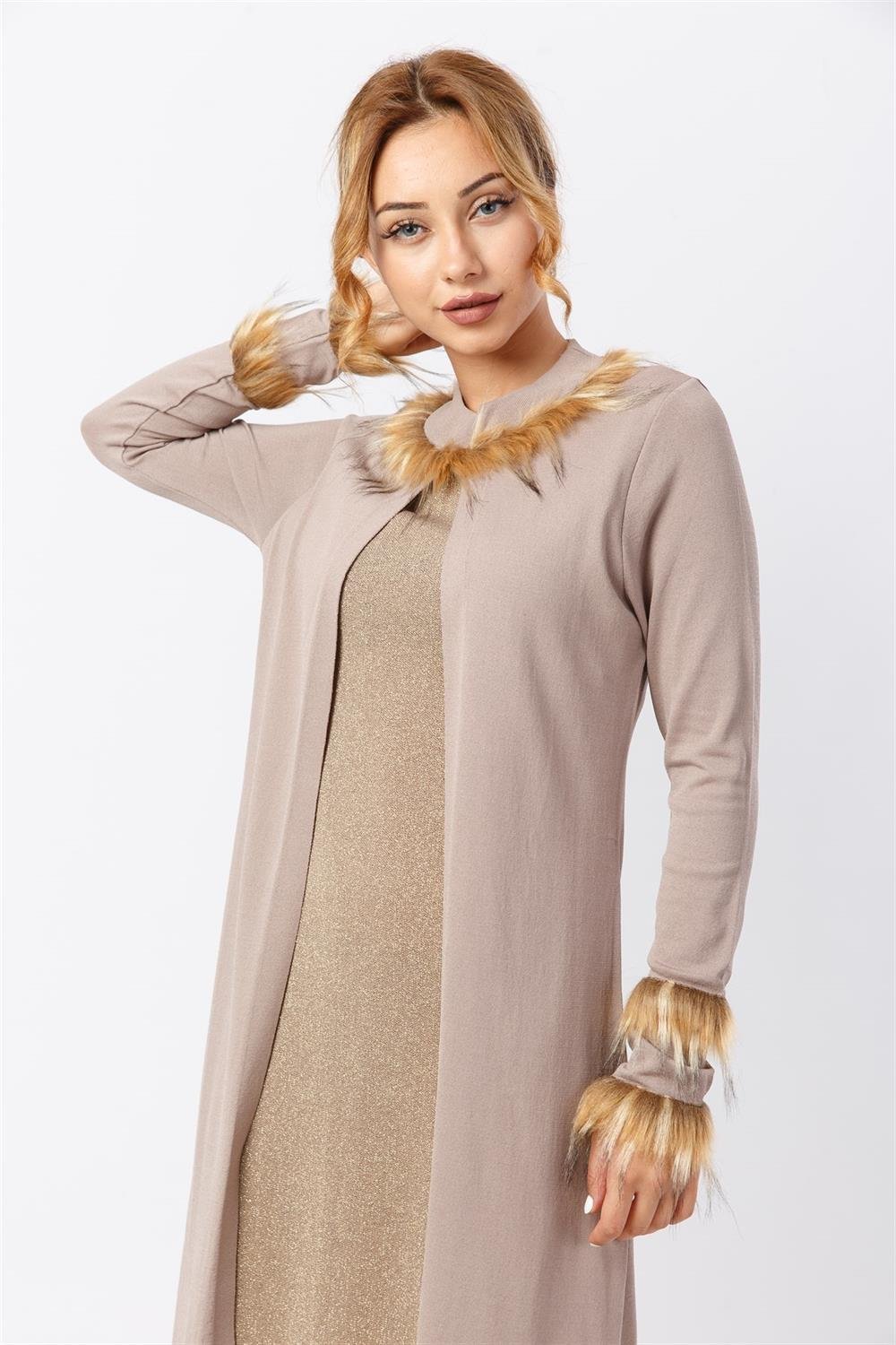 Kadın Yakası Ve Kolu Kürk Detaylı Tunik BEIGE