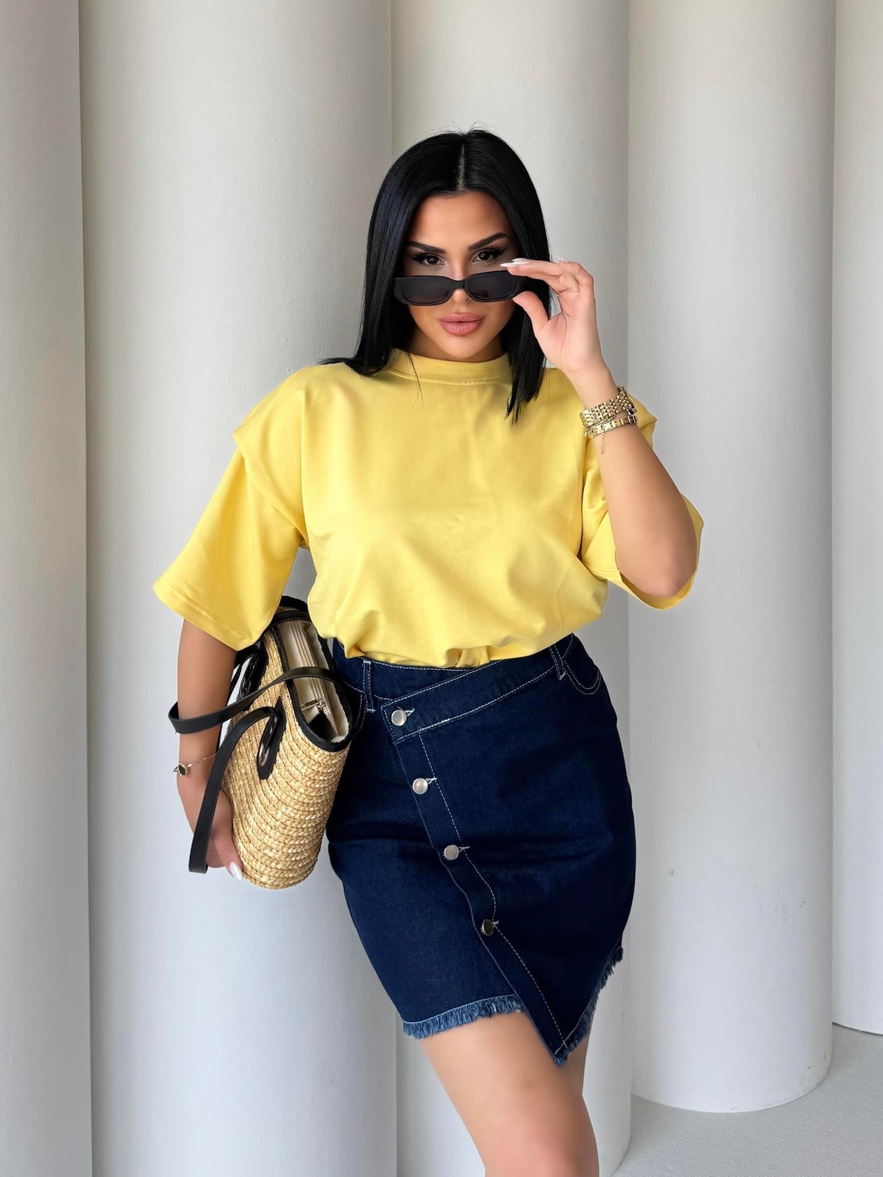 Brontio Tasarım İkili Denim Etekli Takım Sarı