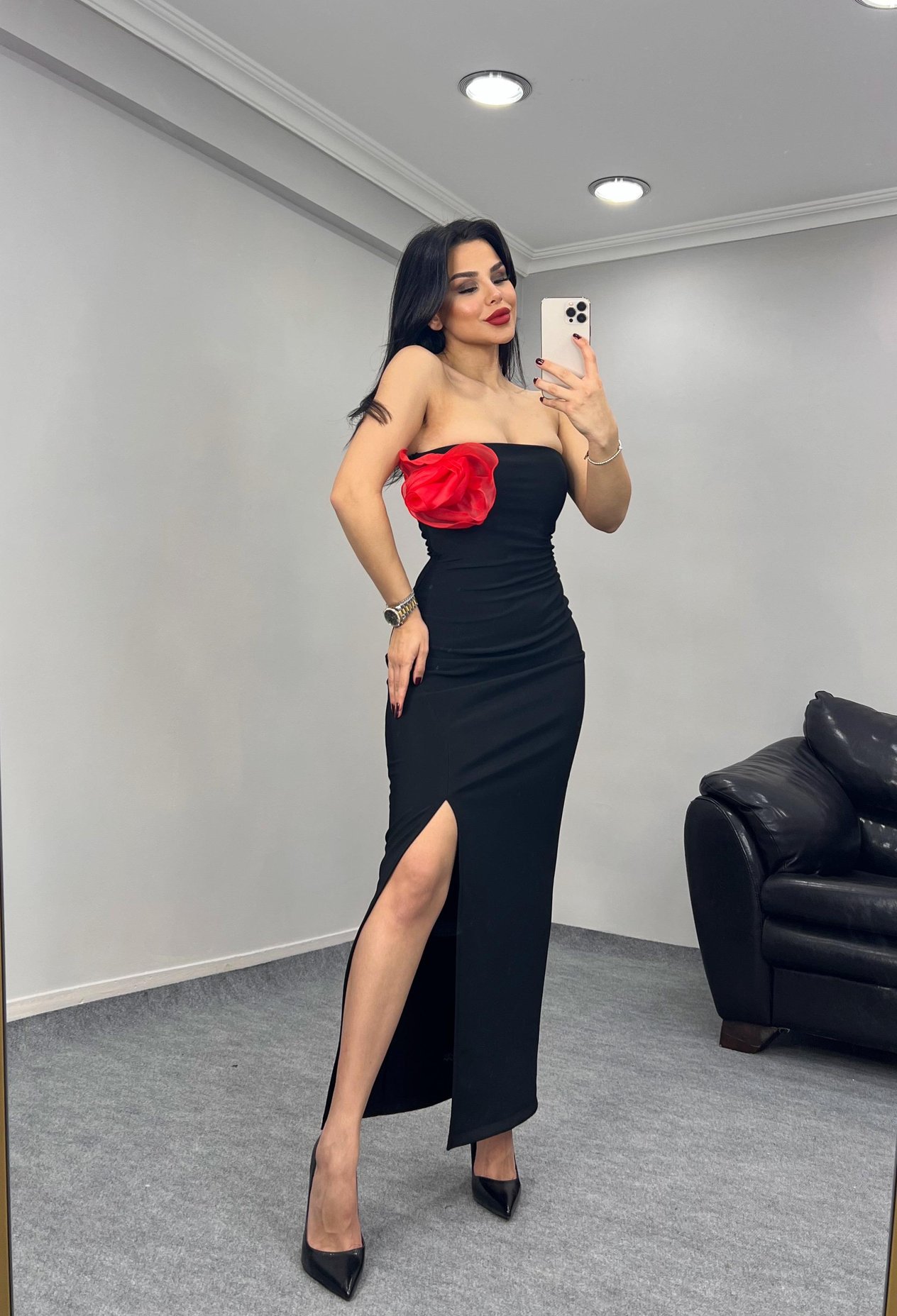 Dena Gül Detaylı Elbise Siyah