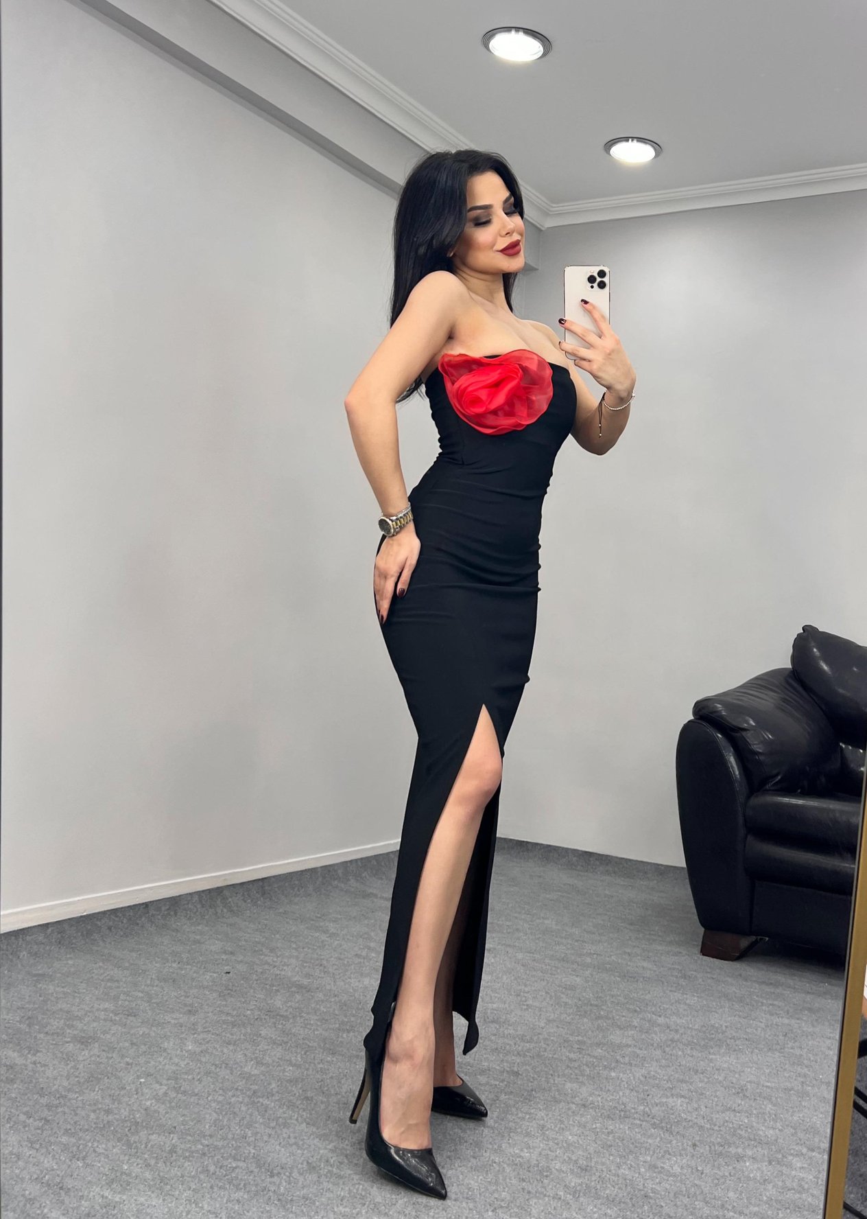 Dena Gül Detaylı Elbise Siyah