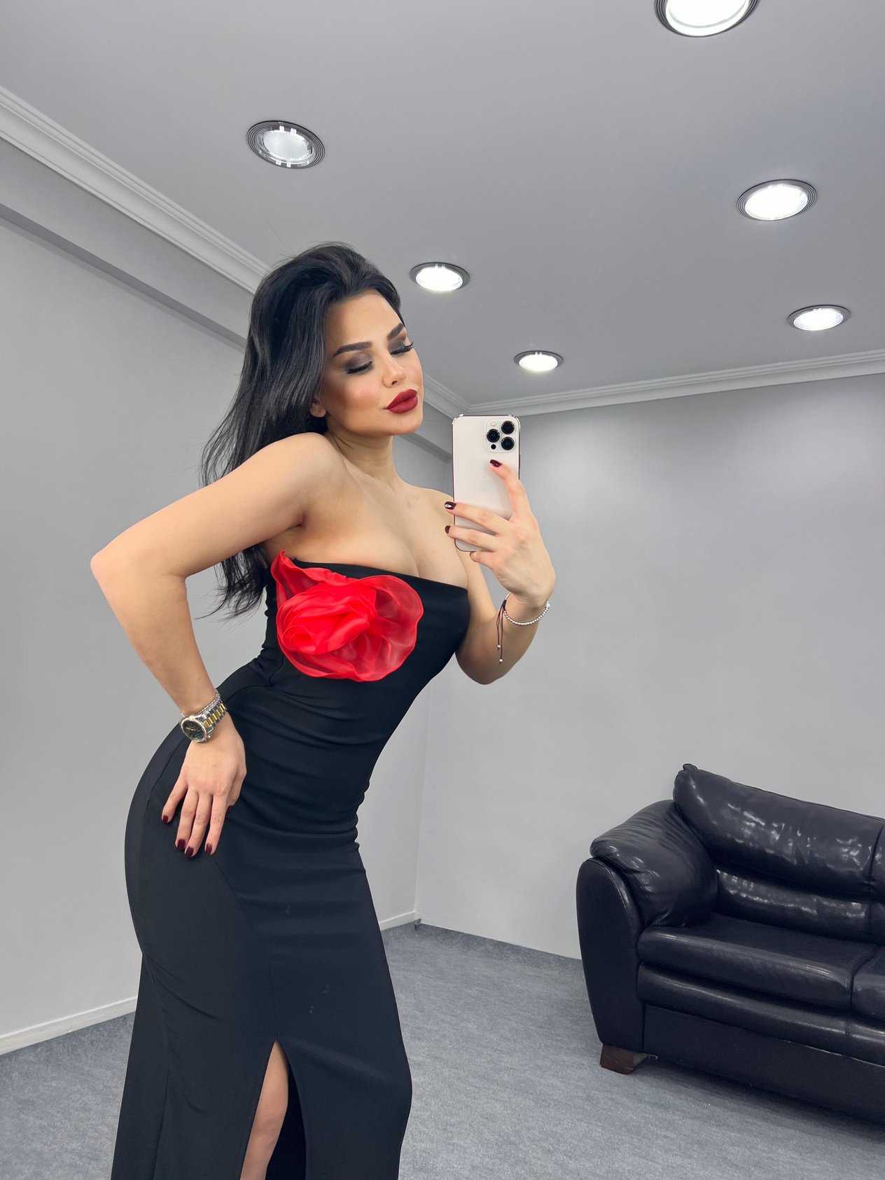Dena Gül Detaylı Elbise Siyah