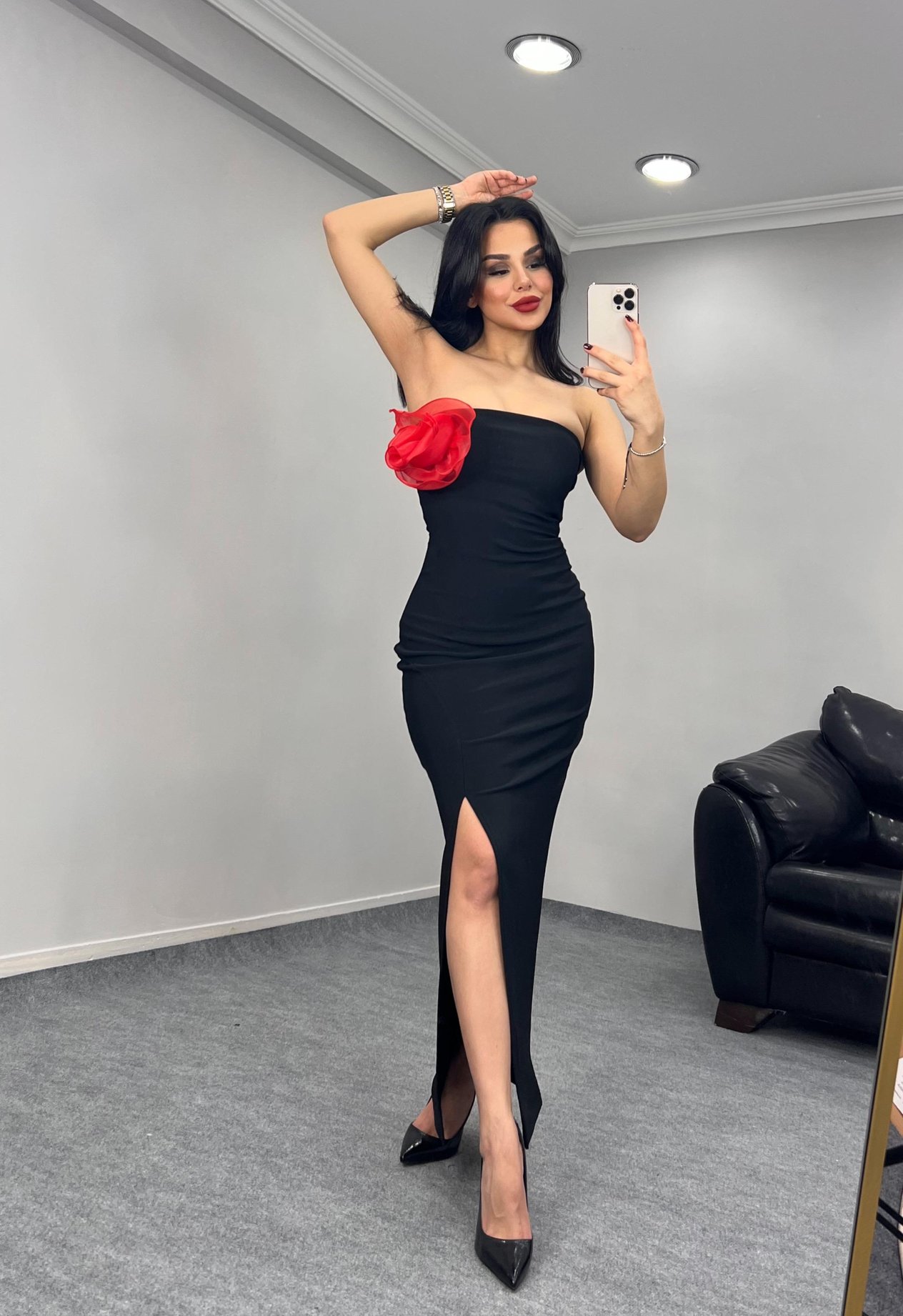 Dena Gül Detaylı Elbise Siyah