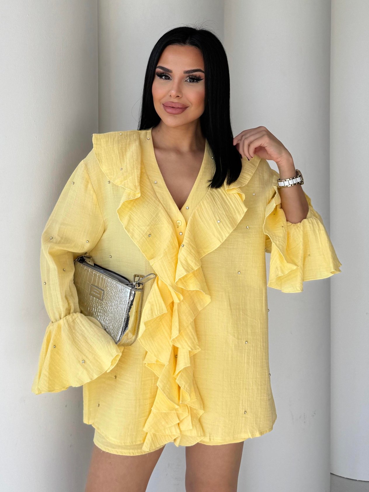 Fiza Taş Detaylı Şortu Takım Sarı