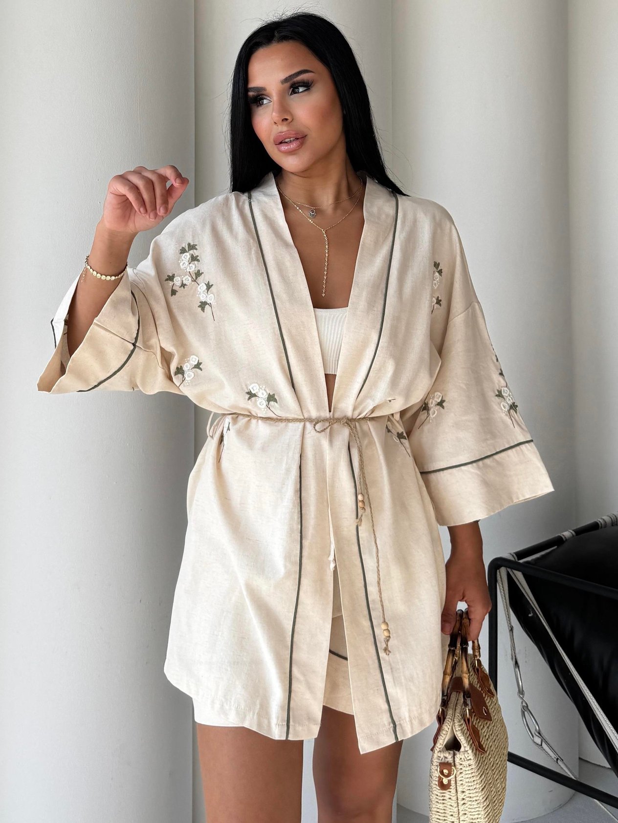Floral Çiçek Desenli Kimono Takım Bej 