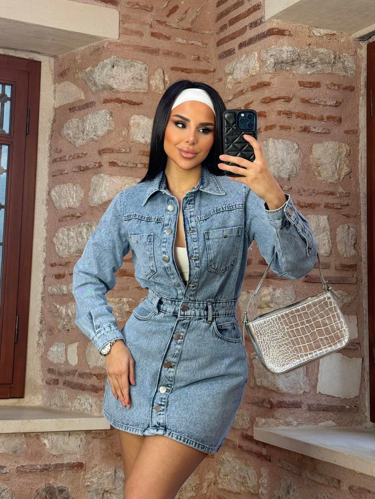 Frea Düğmeli Denim Elbise Açık Mavi