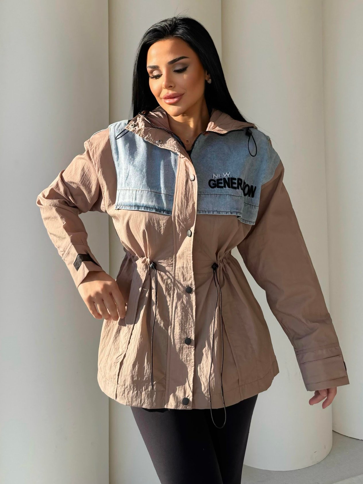 Genary Denim Detaylı Paraşüt Yağmurluk Bej