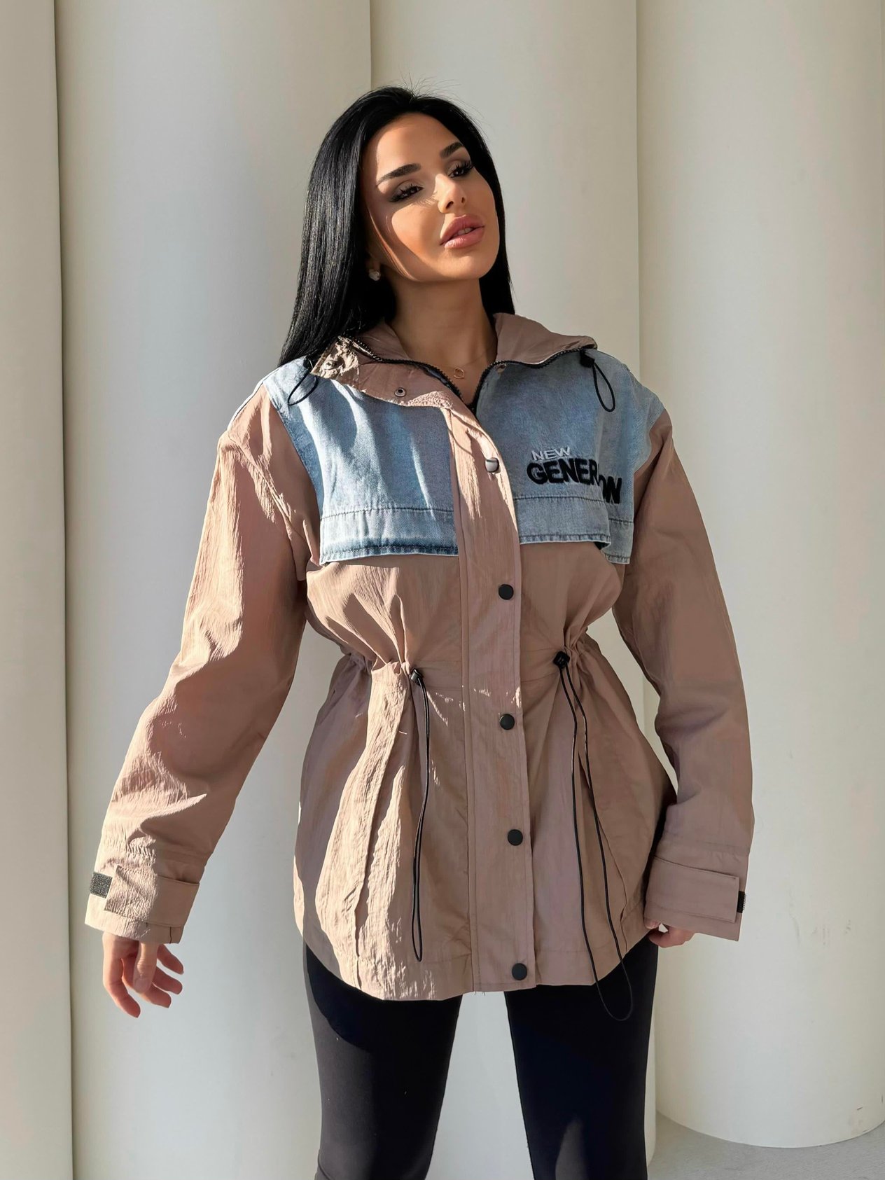 Genary Denim Detaylı Paraşüt Yağmurluk Bej