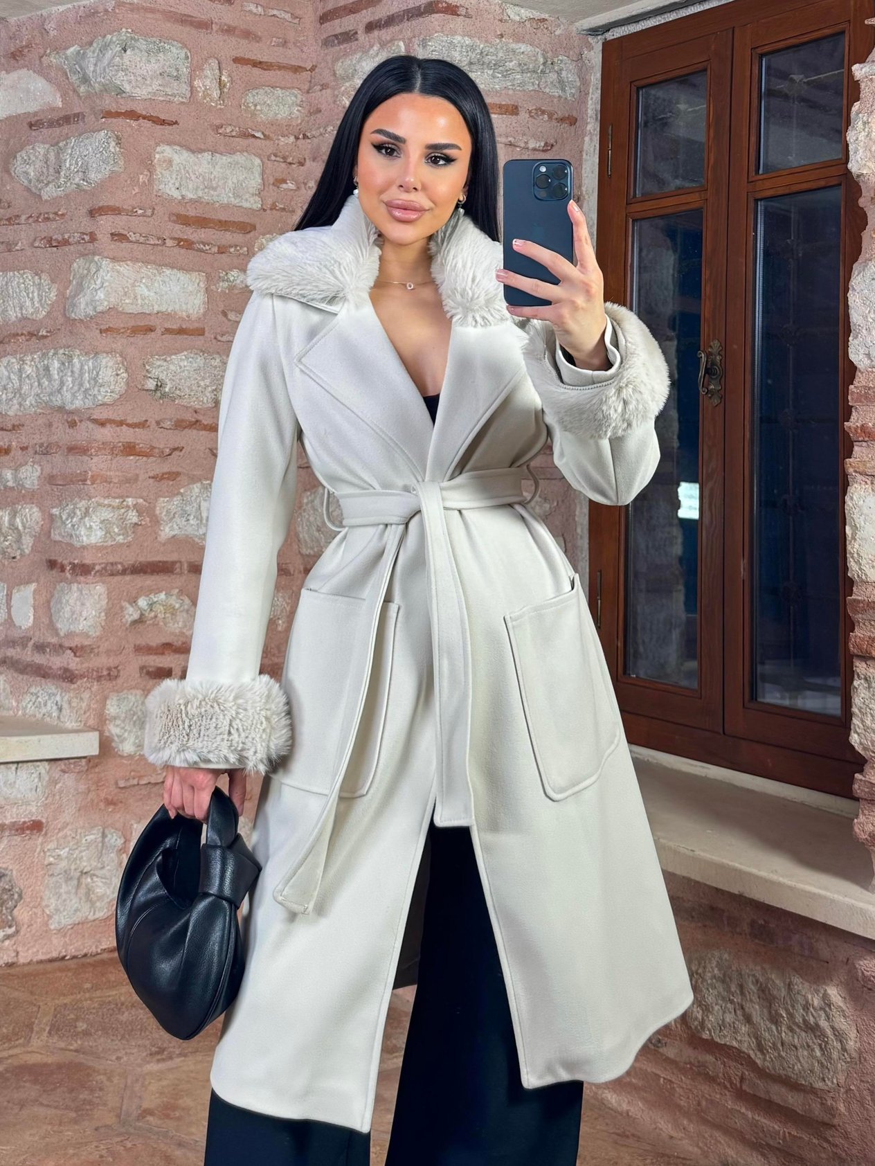 Grace Kürk Detaylı Kaşe Kaban Bej