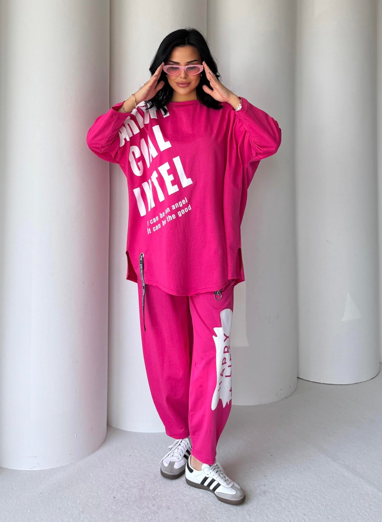 İntel Yazı Detaylı Oversize Spor Takım Pembe 