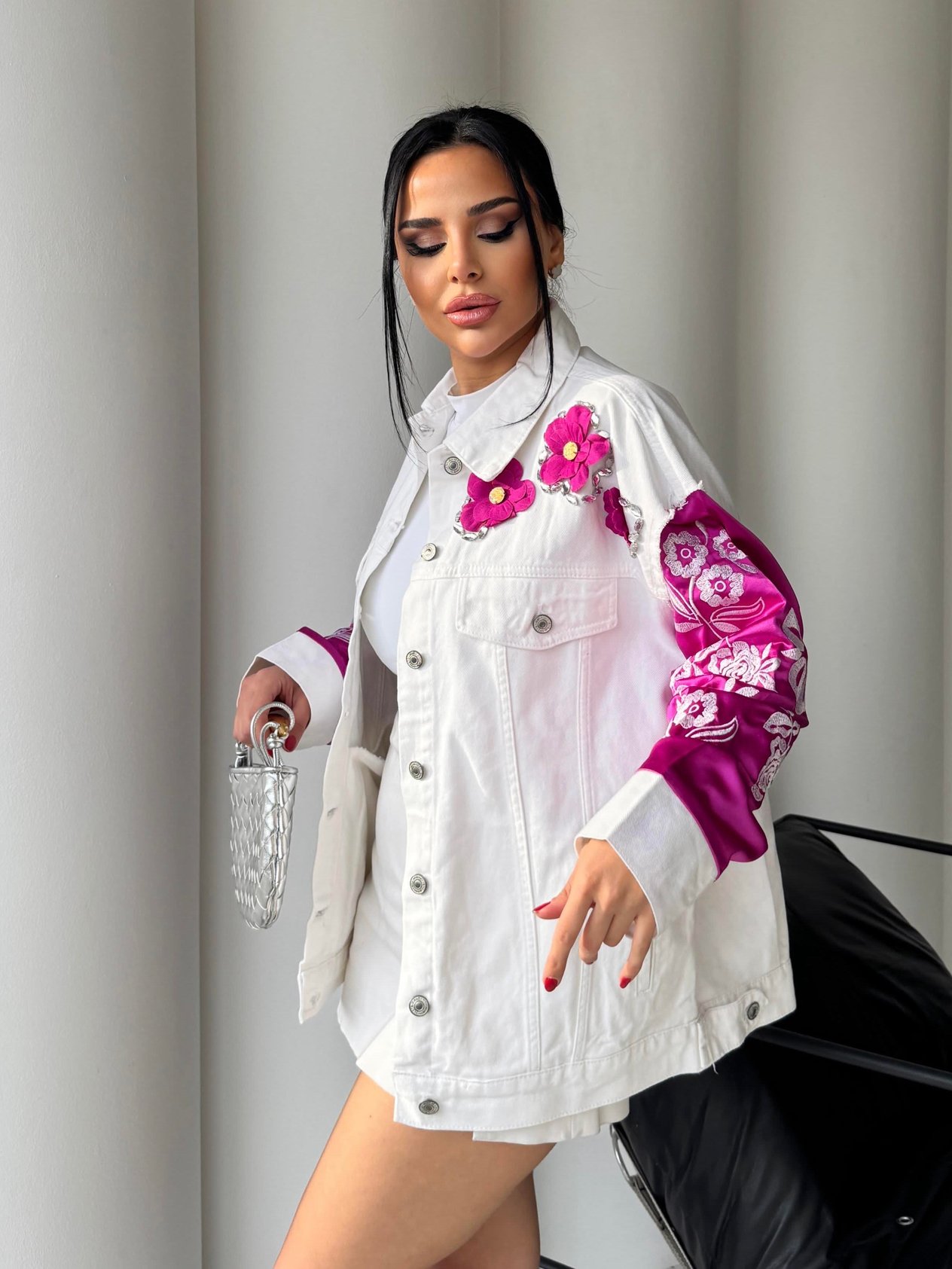 Juba Saten Kol Detaylı Çiçek Desenli Denim Ceket Fuşya