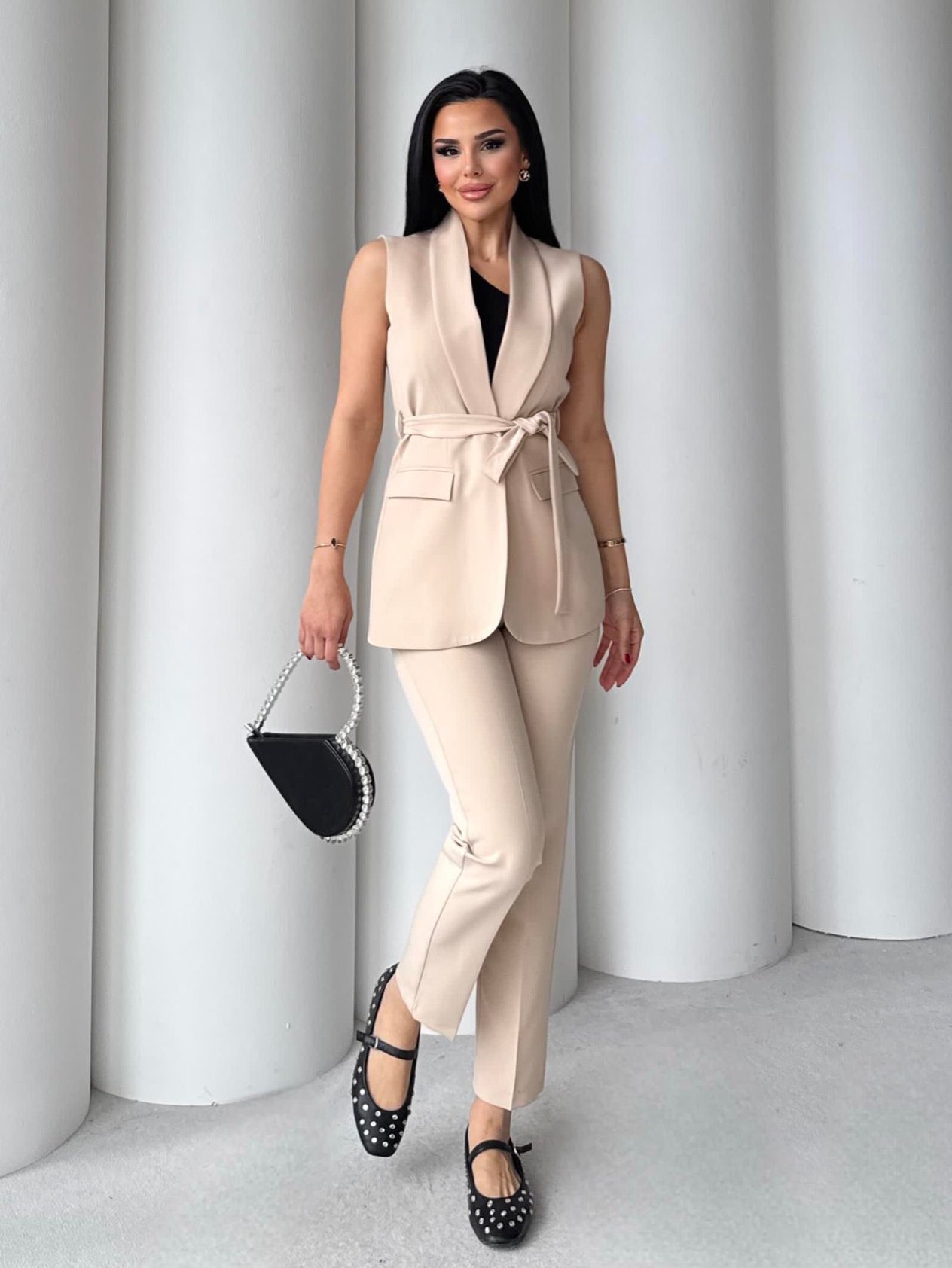 Karolin Yelekli Takım Bej