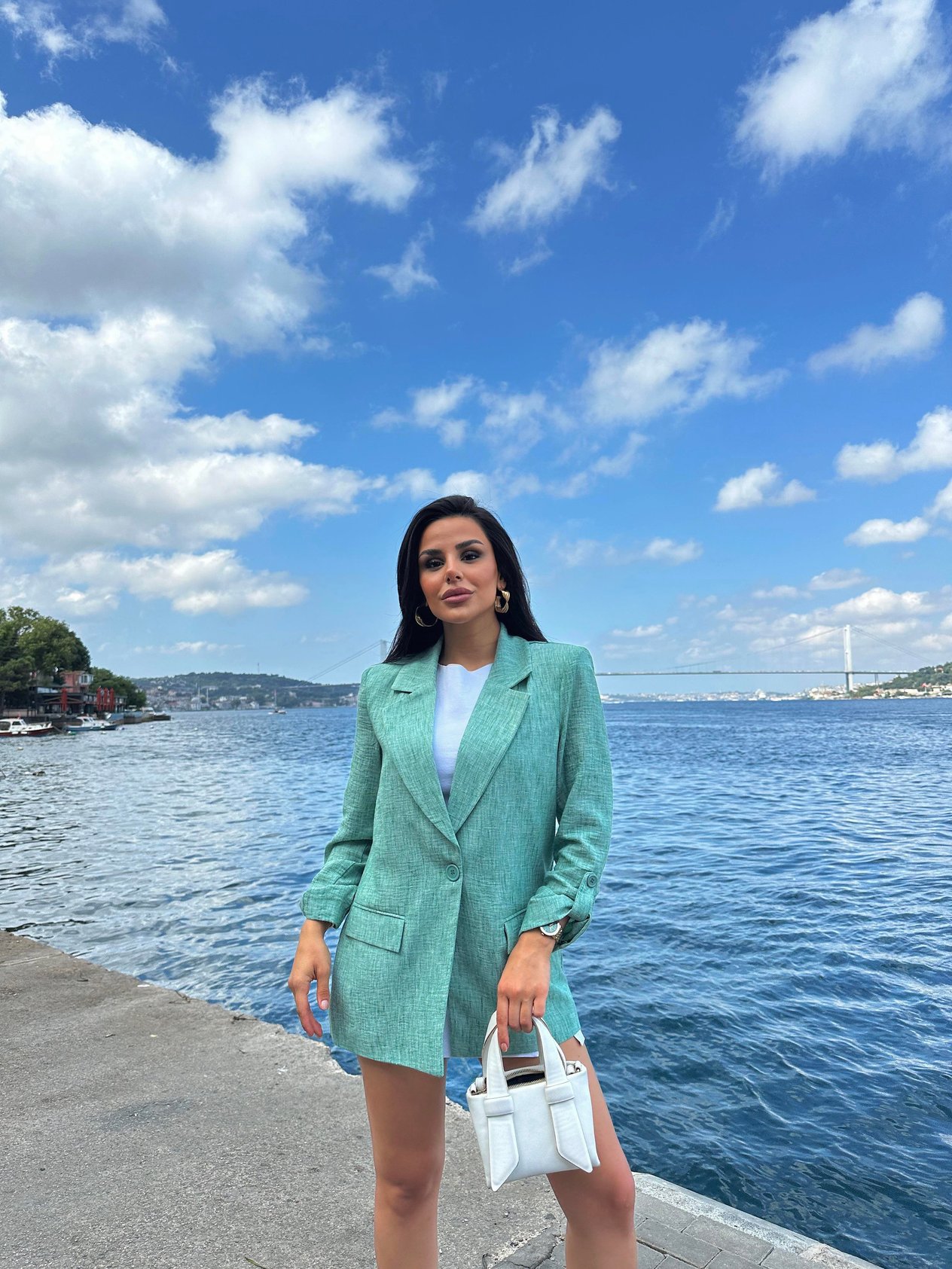 Keten Blazer Ceket Mint Yeşili