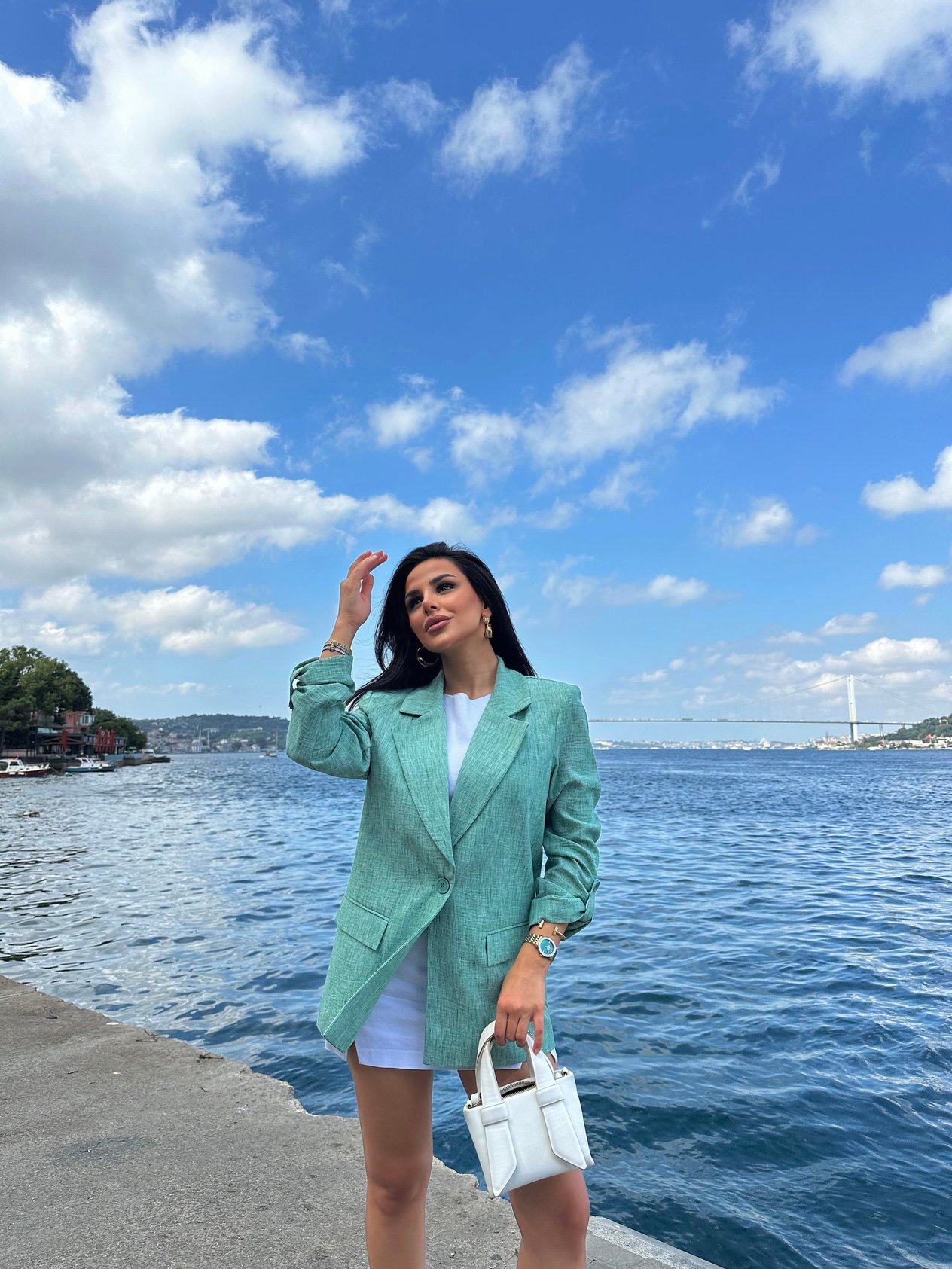 Keten Blazer Ceket Mint Yeşili