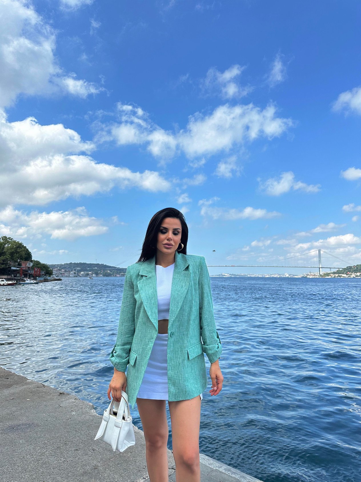 Keten Blazer Ceket Mint Yeşili