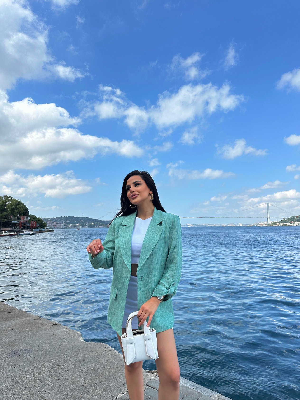 Keten Blazer Ceket Mint Yeşili