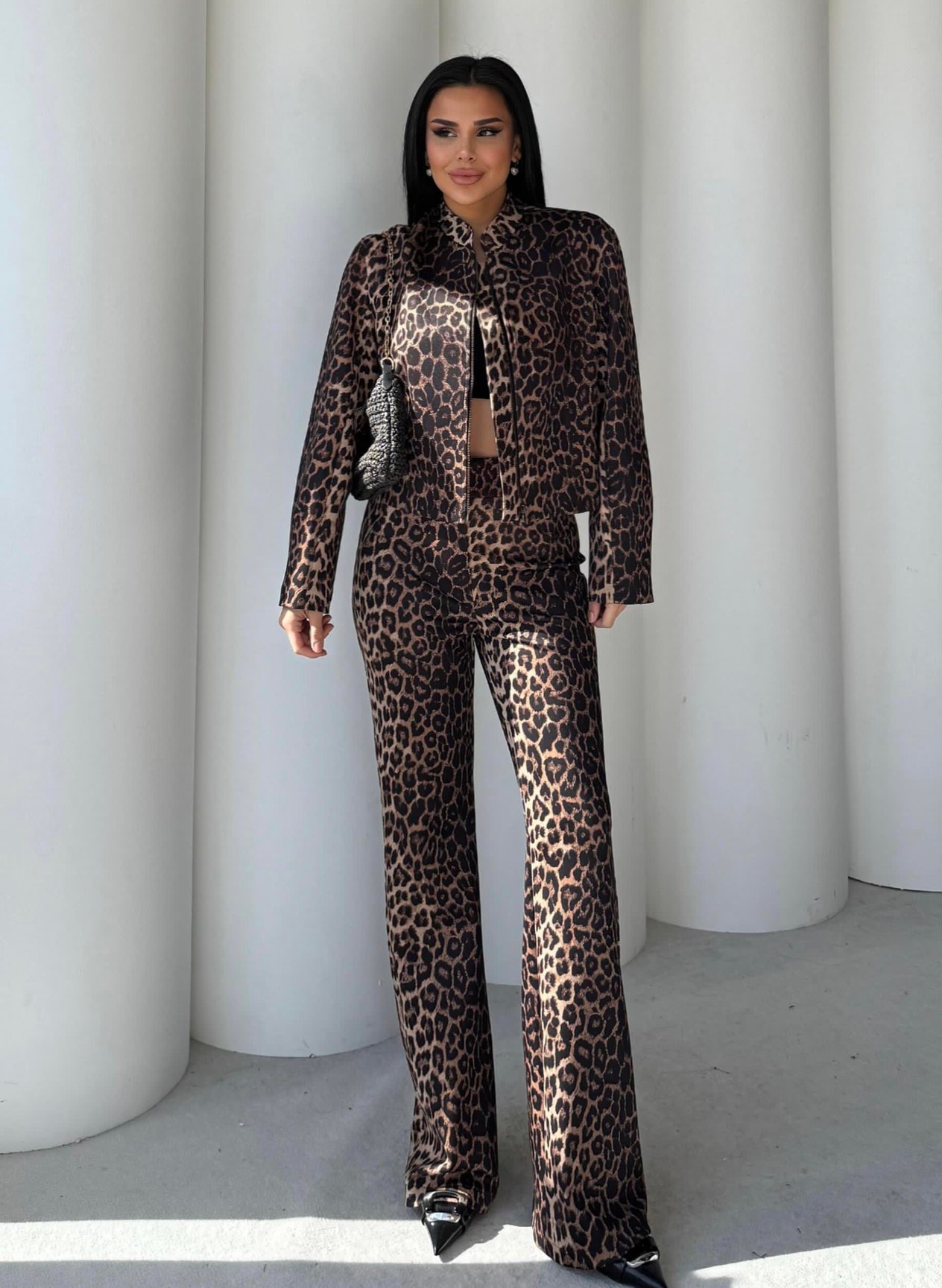 Lors Crop Ceket Pantolonlu Takım Leopar Desen