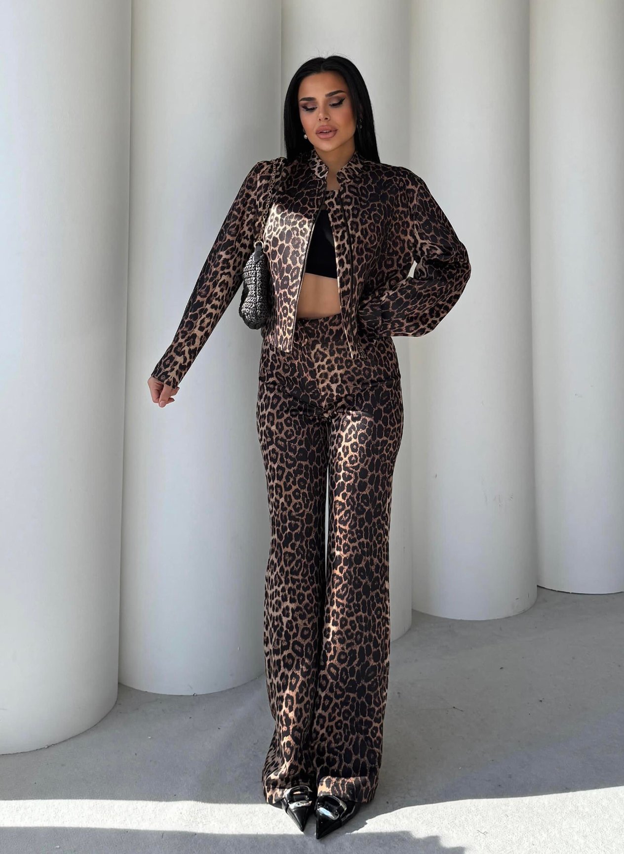 Lors Crop Ceket Pantolonlu Takım Leopar Desen