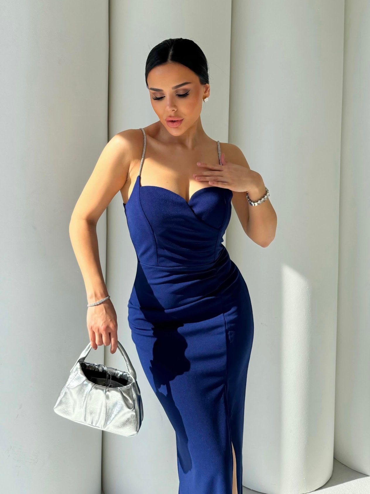 Lovante Taş Askı Detaylı Abiye Elbise Saks Mavi