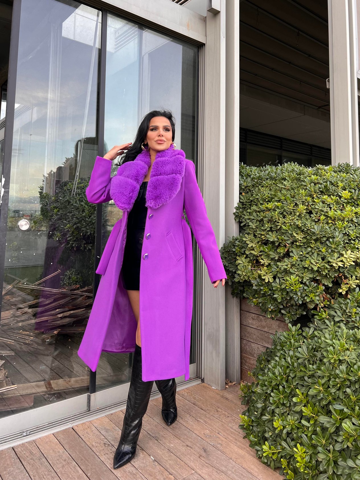 Megan Yaka Kürk Detaylı Kaşe Kaban Mor