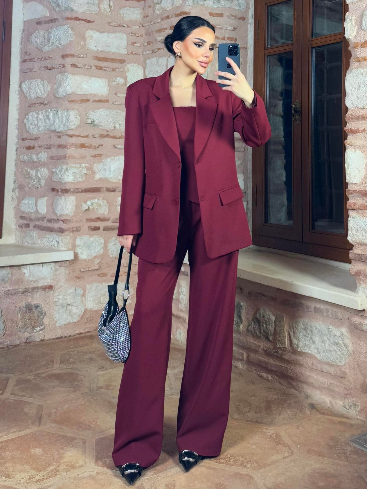 Nazy Üçlü Blazer Ceketli Şık Takım Bordo