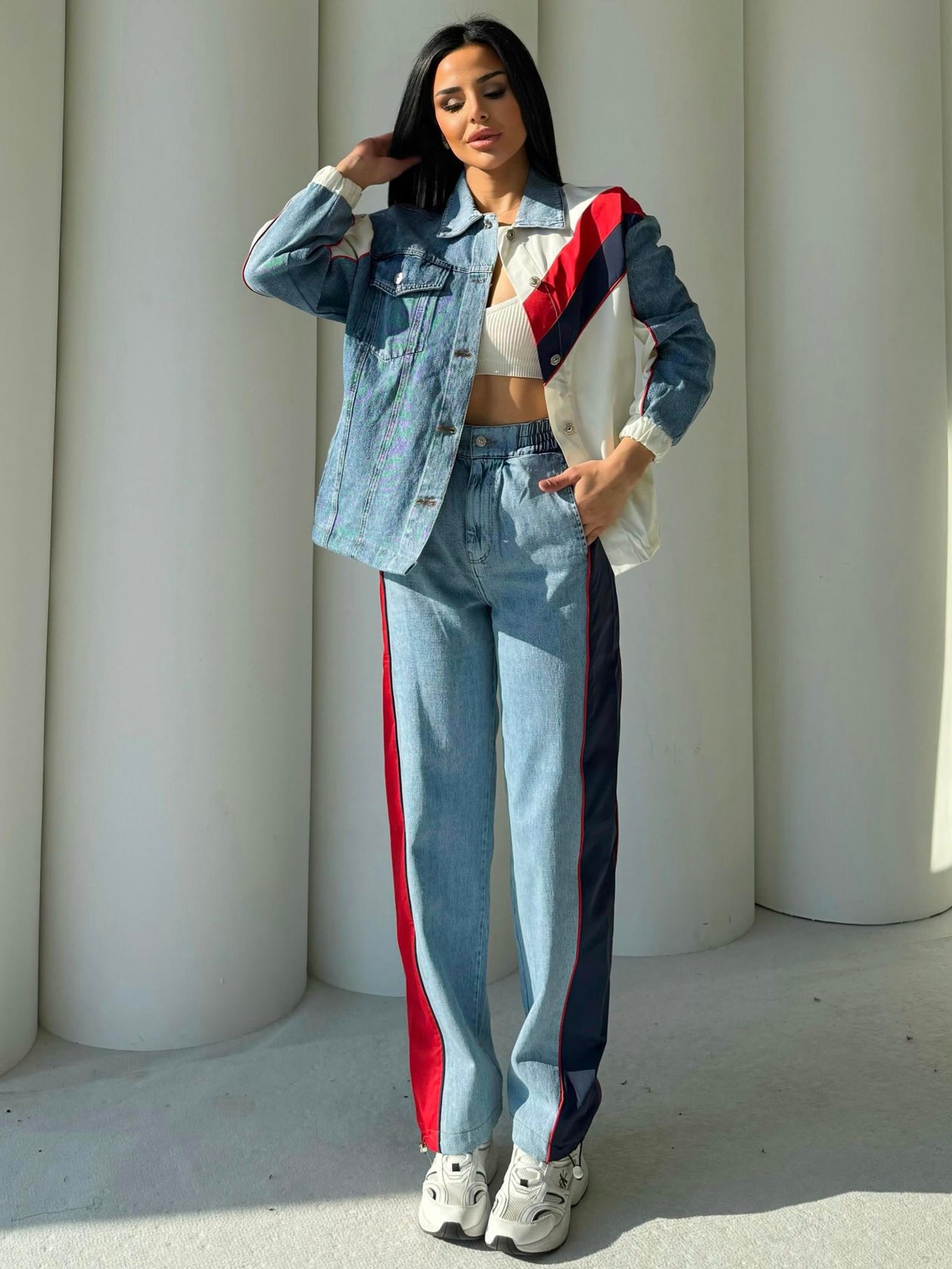 Noor Paraşüt Detaylı Denim Takım Beyaz