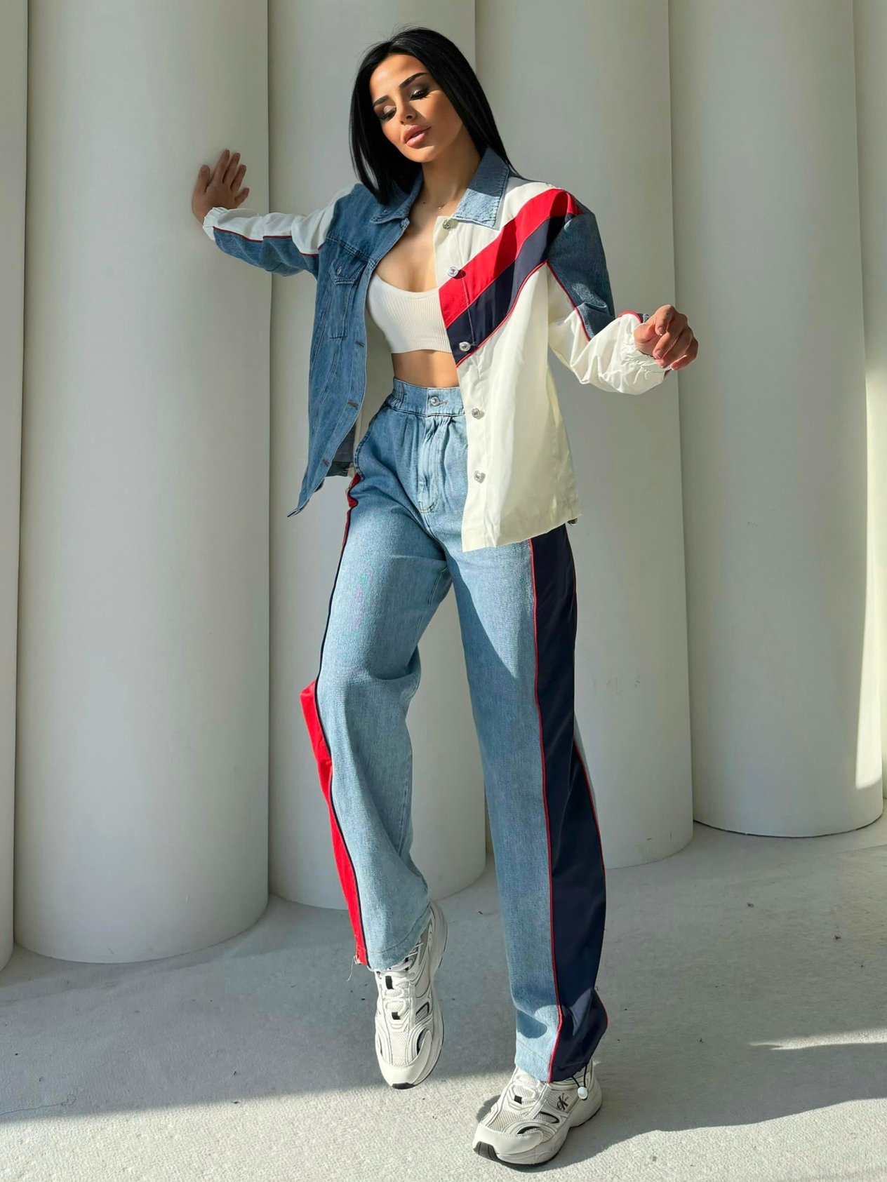 Noor Paraşüt Detaylı Denim Takım Beyaz