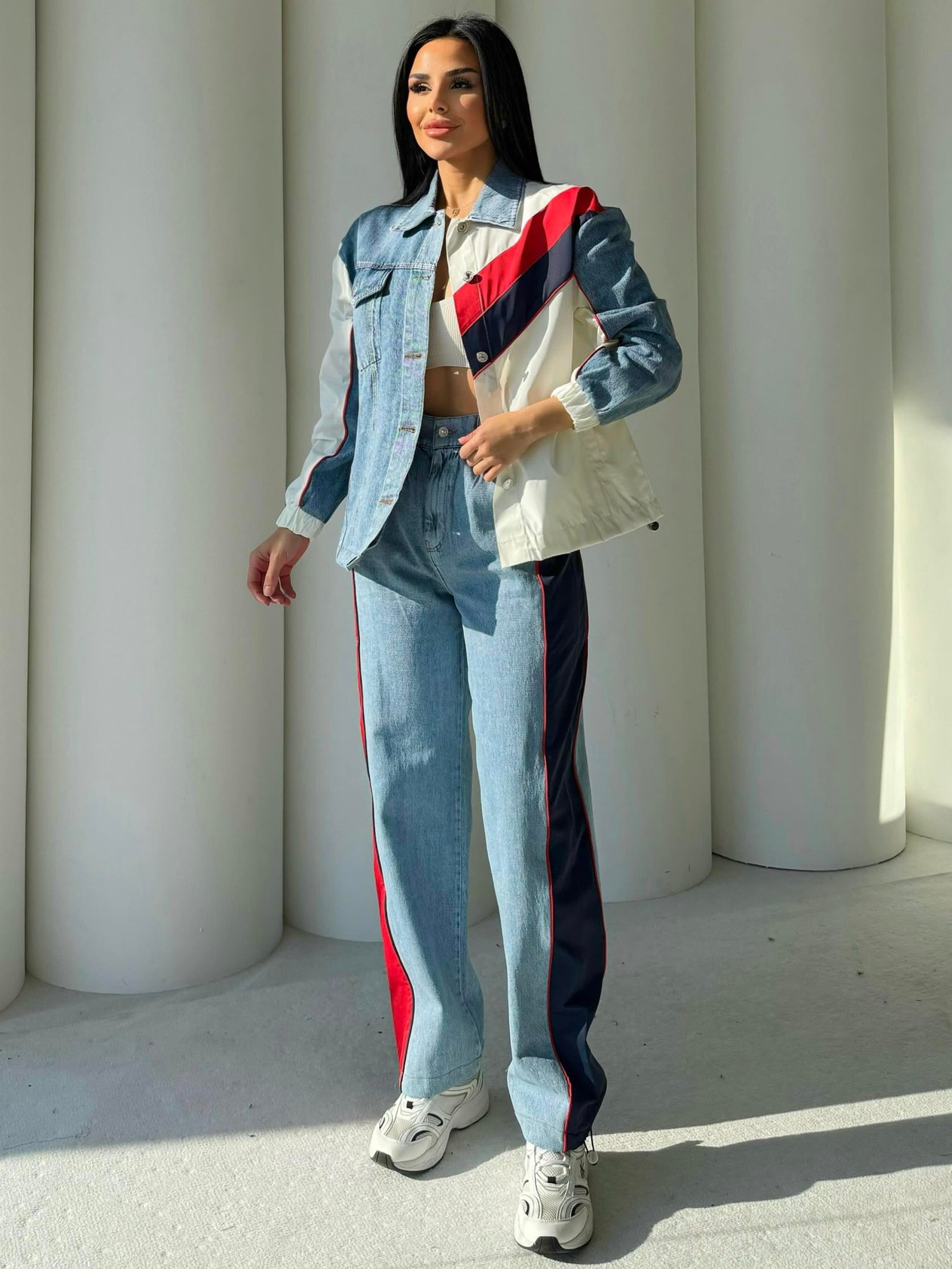Noor Paraşüt Detaylı Denim Takım Beyaz