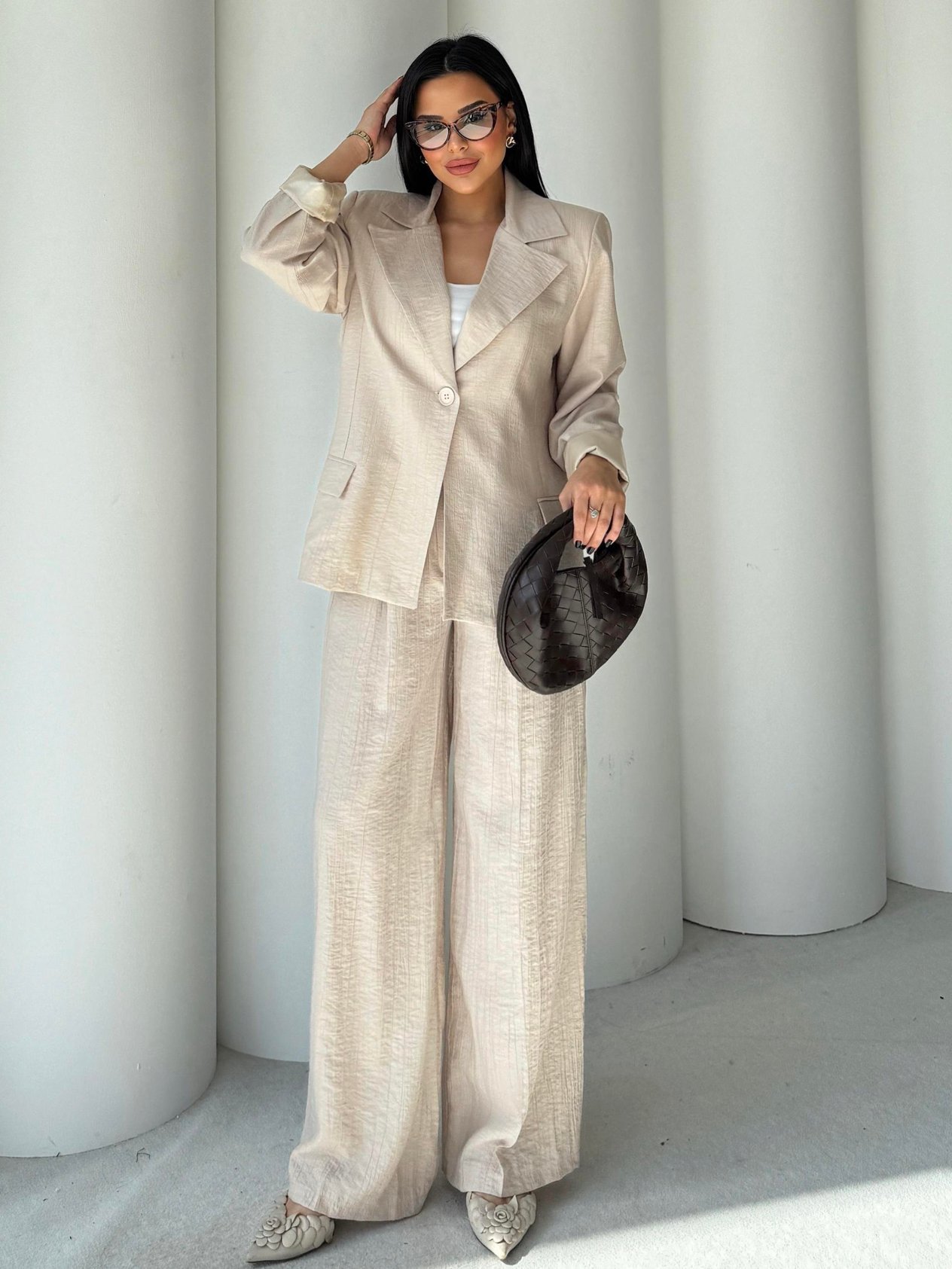 Pety Blazer Ceketli Keten Takım Bej