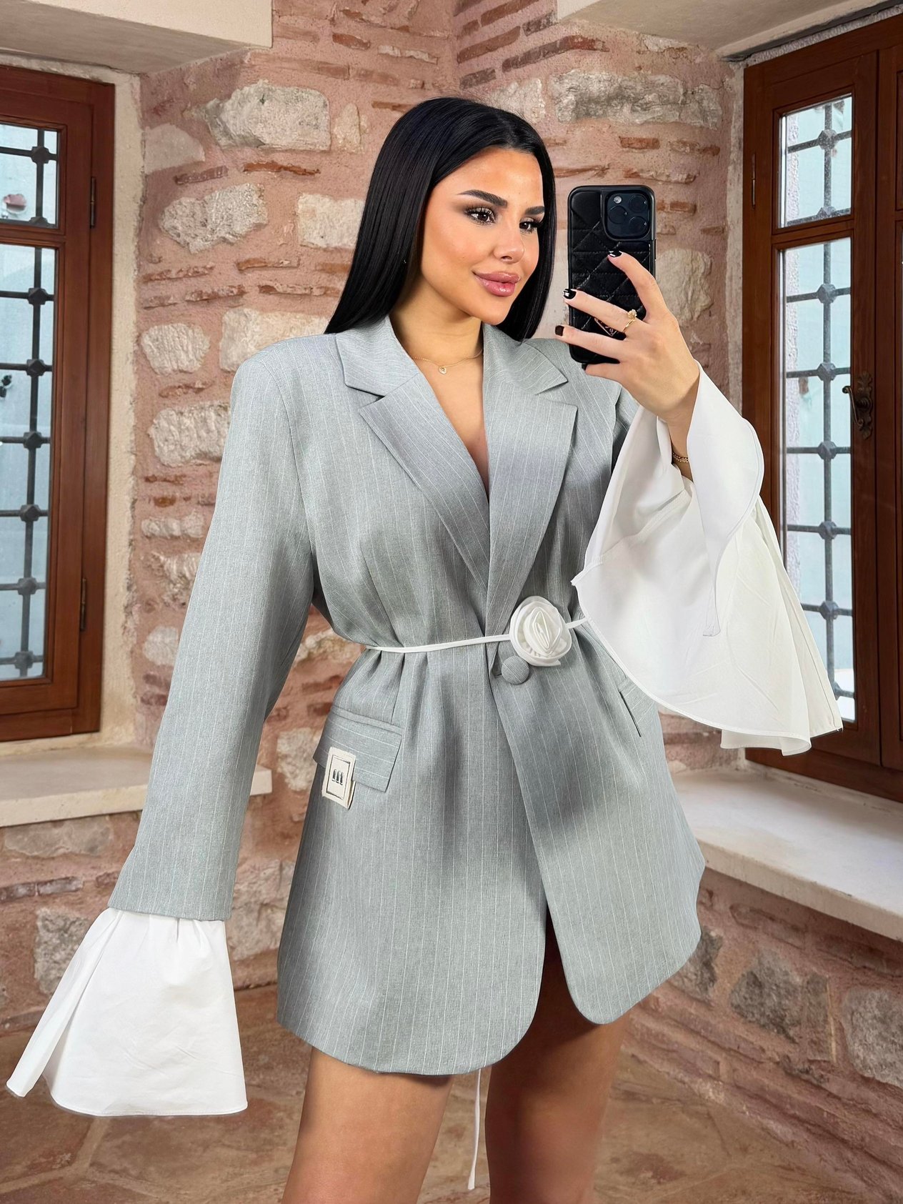 Poly Gül Kemer Detaylı Çizgili Blazer Ceket Gri