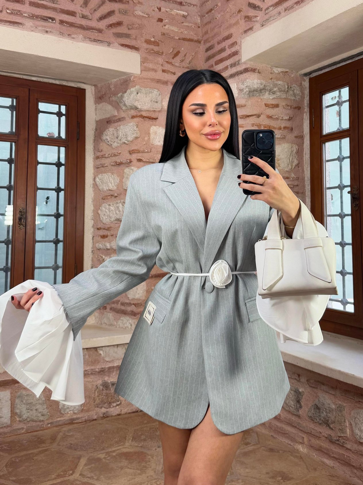 Poly Gül Kemer Detaylı Çizgili Blazer Ceket Gri