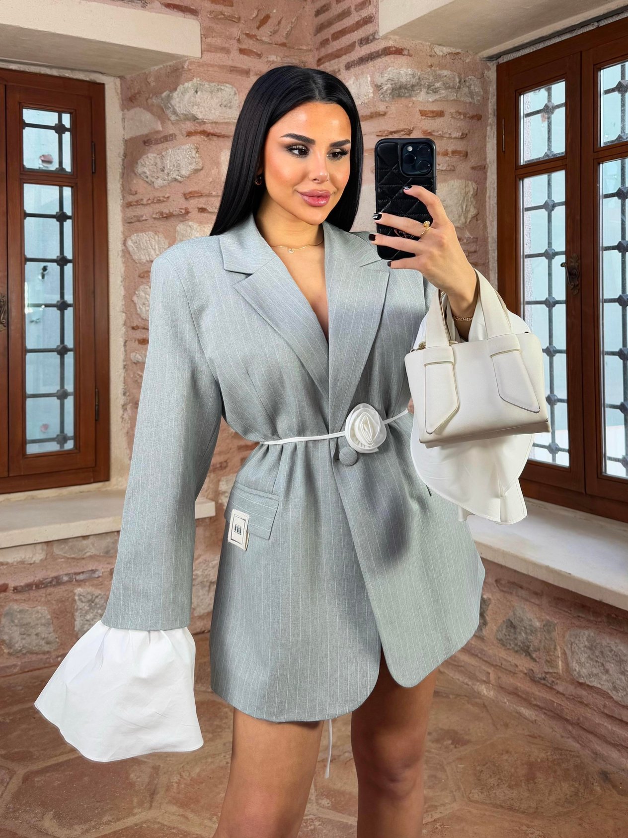 Poly Gül Kemer Detaylı Çizgili Blazer Ceket Gri