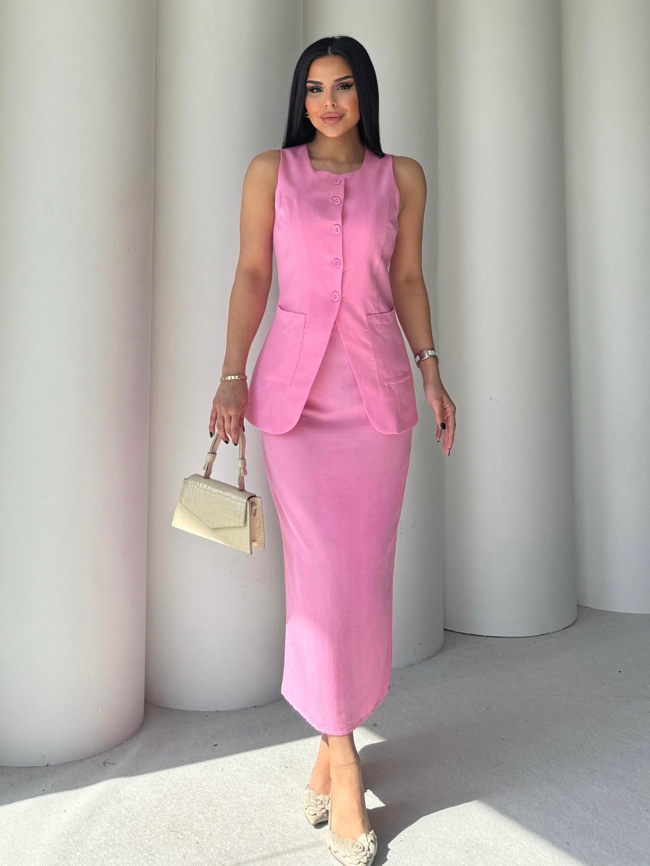 Resort Yelek Etekli Keten Takım Pembe