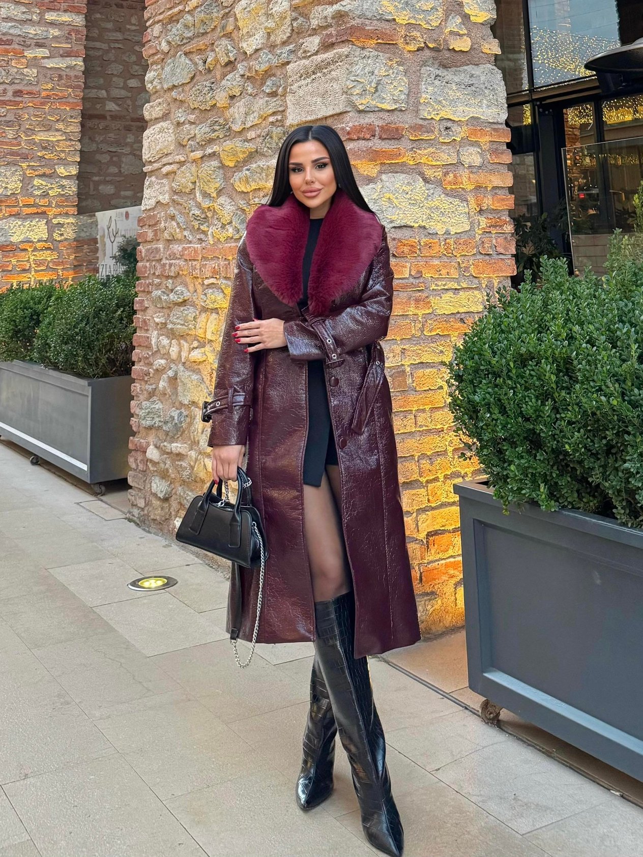 Rugan Kürk Yaka Uzun Kaban Bordo