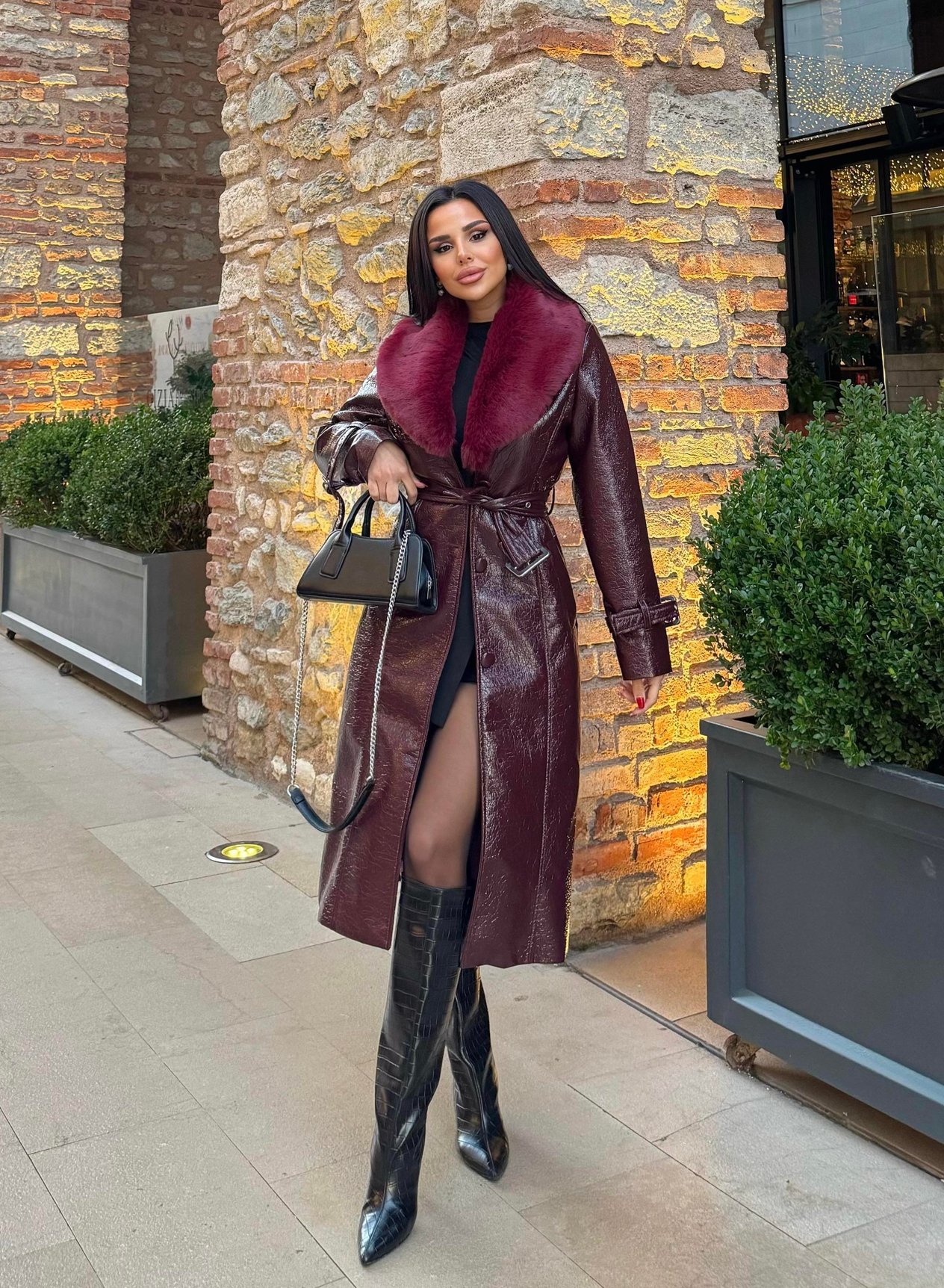 Rugan Kürk Yaka Uzun Kaban Bordo