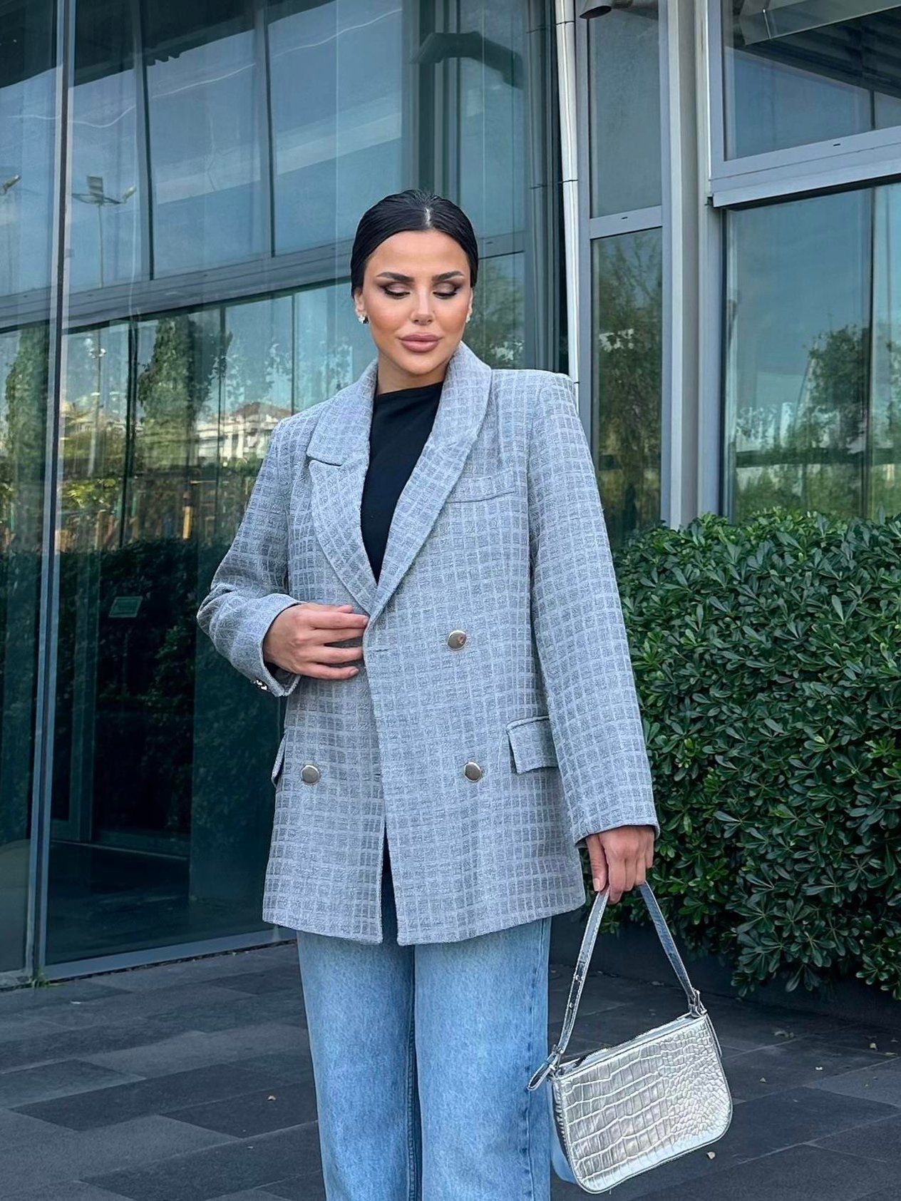 Şila Tüvit Blazer Ceket Gri