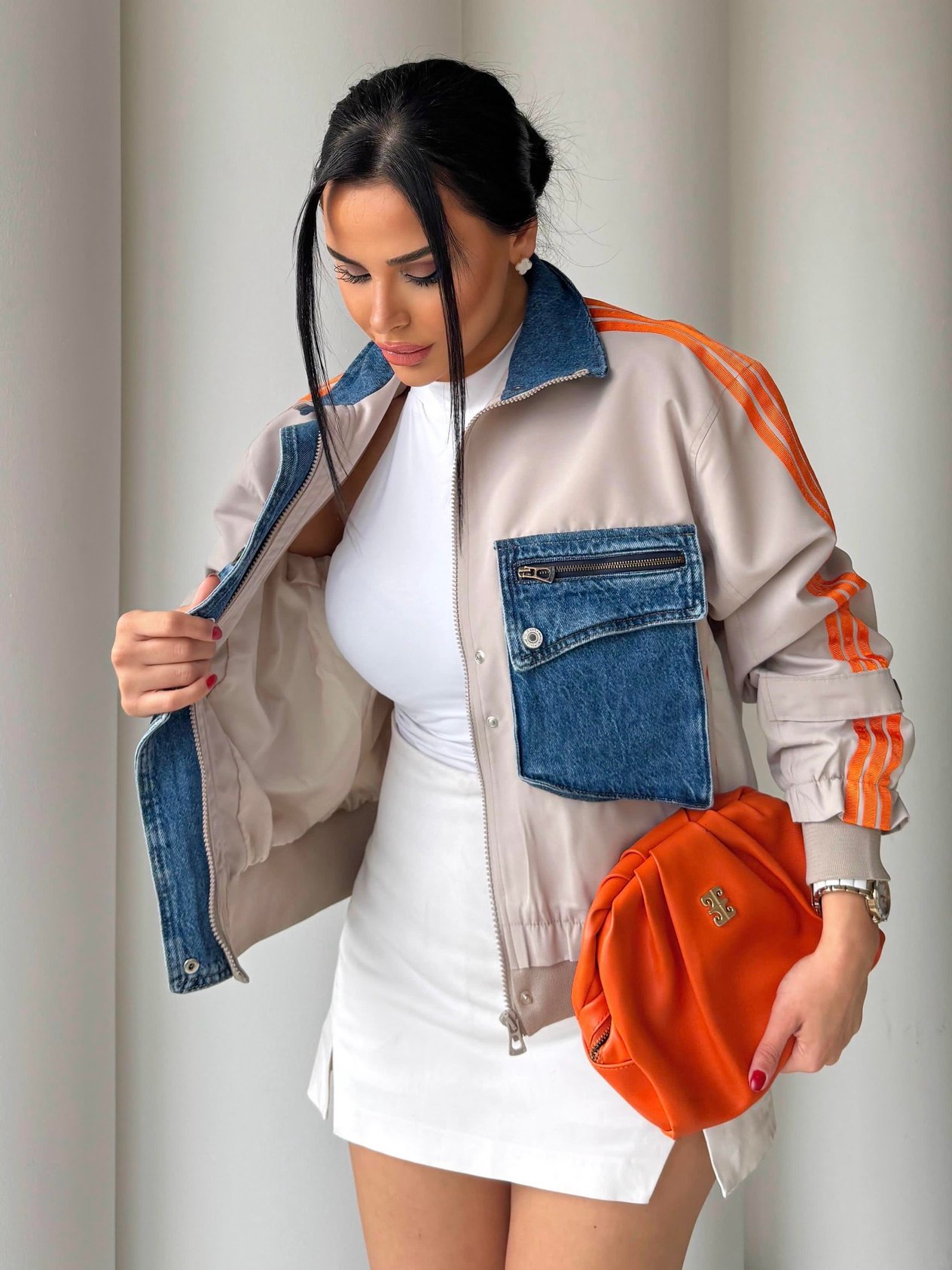 Till Denim Detaylı Paraşüt Ceket Bej