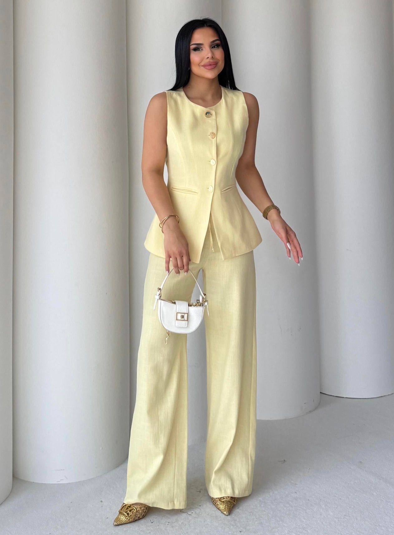 Tilya Gold Düğme Detaylı Keten Takım Sarı