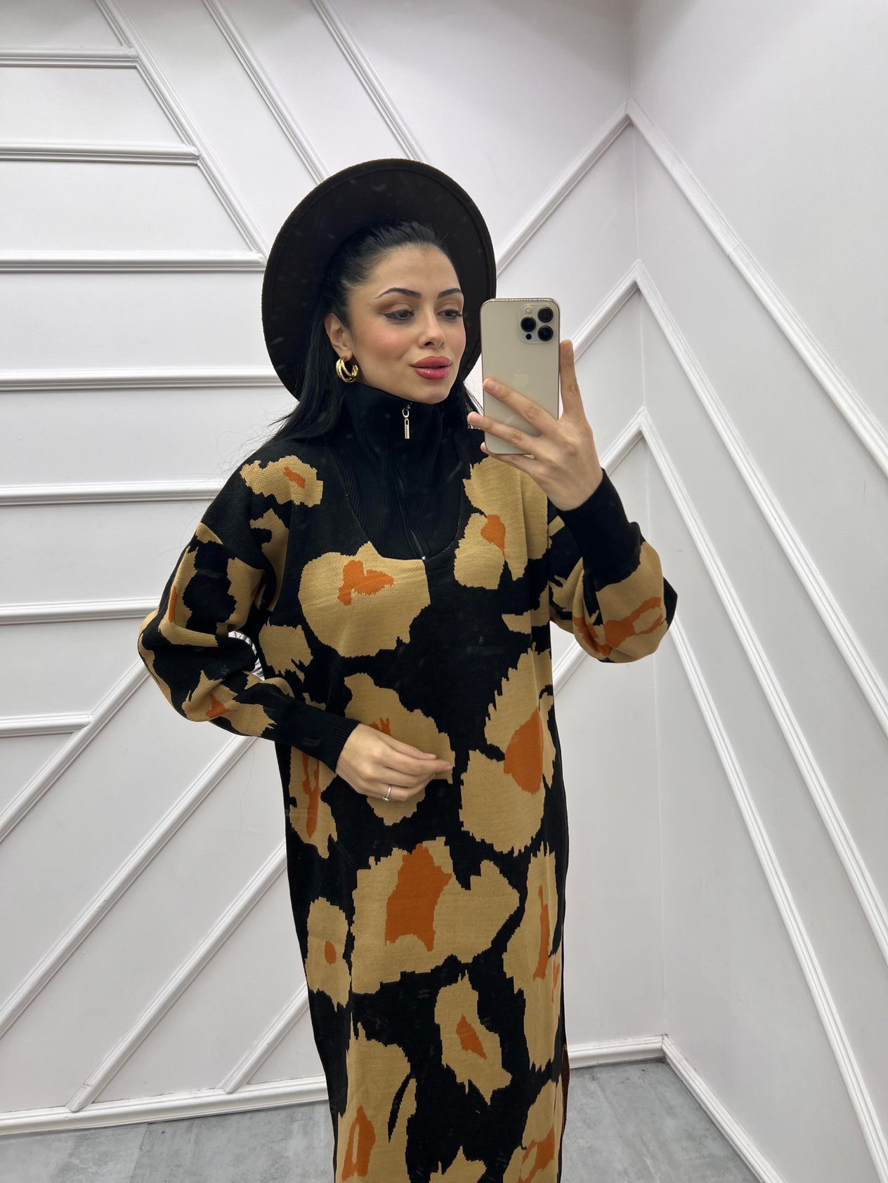 Triko Elbise Leopar Siyah