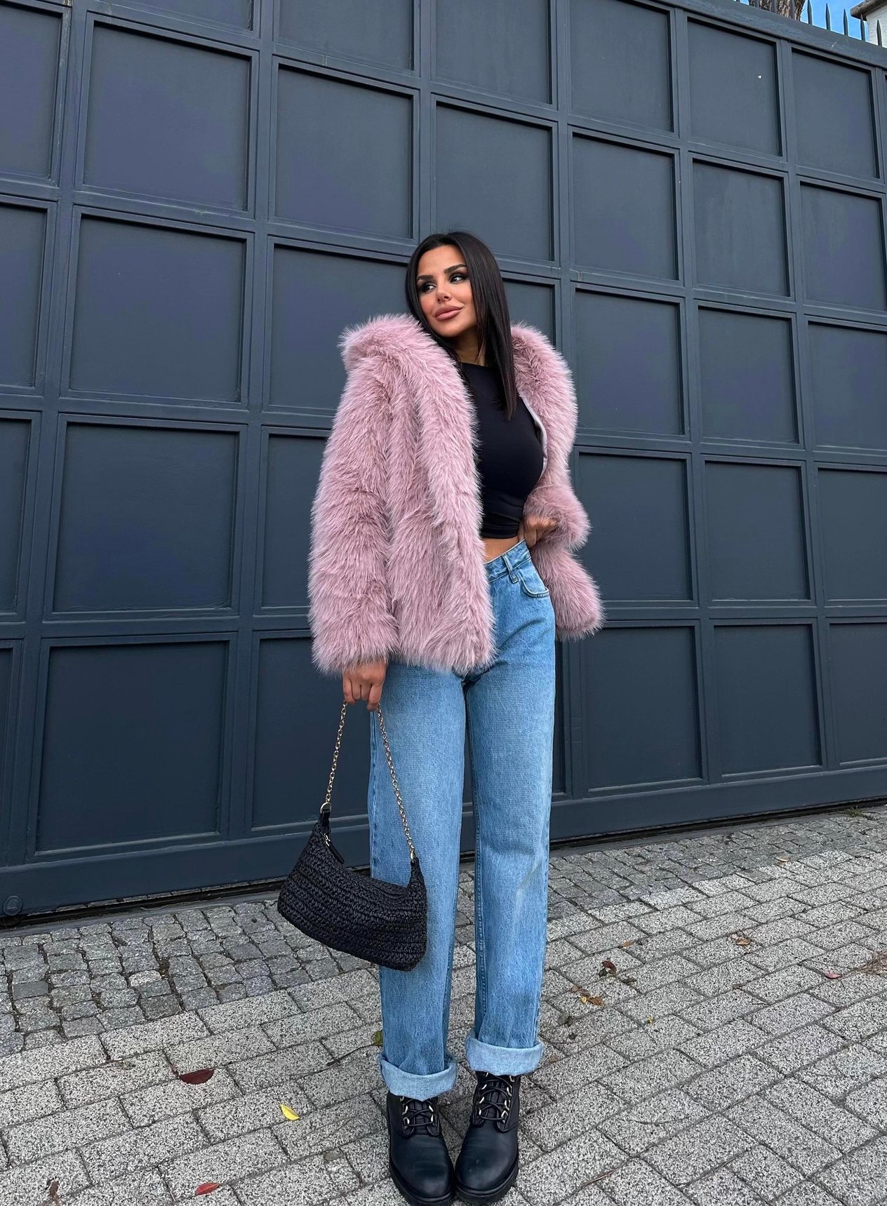 Velvet Kapşonlu Kürk Kaban Pembe