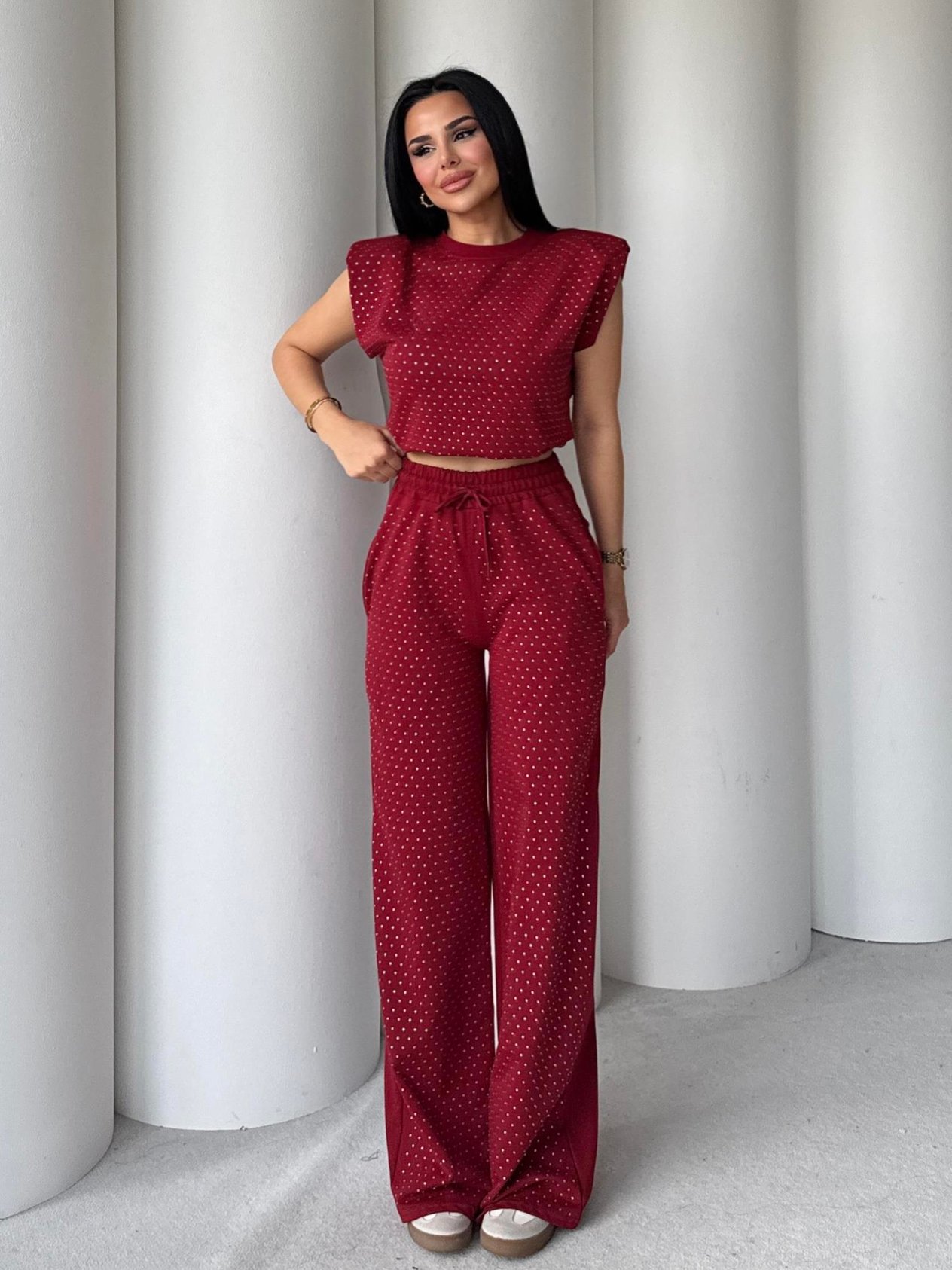 Wendy Taş Detaylı Vatkalı Kol Modal Takım Bordo