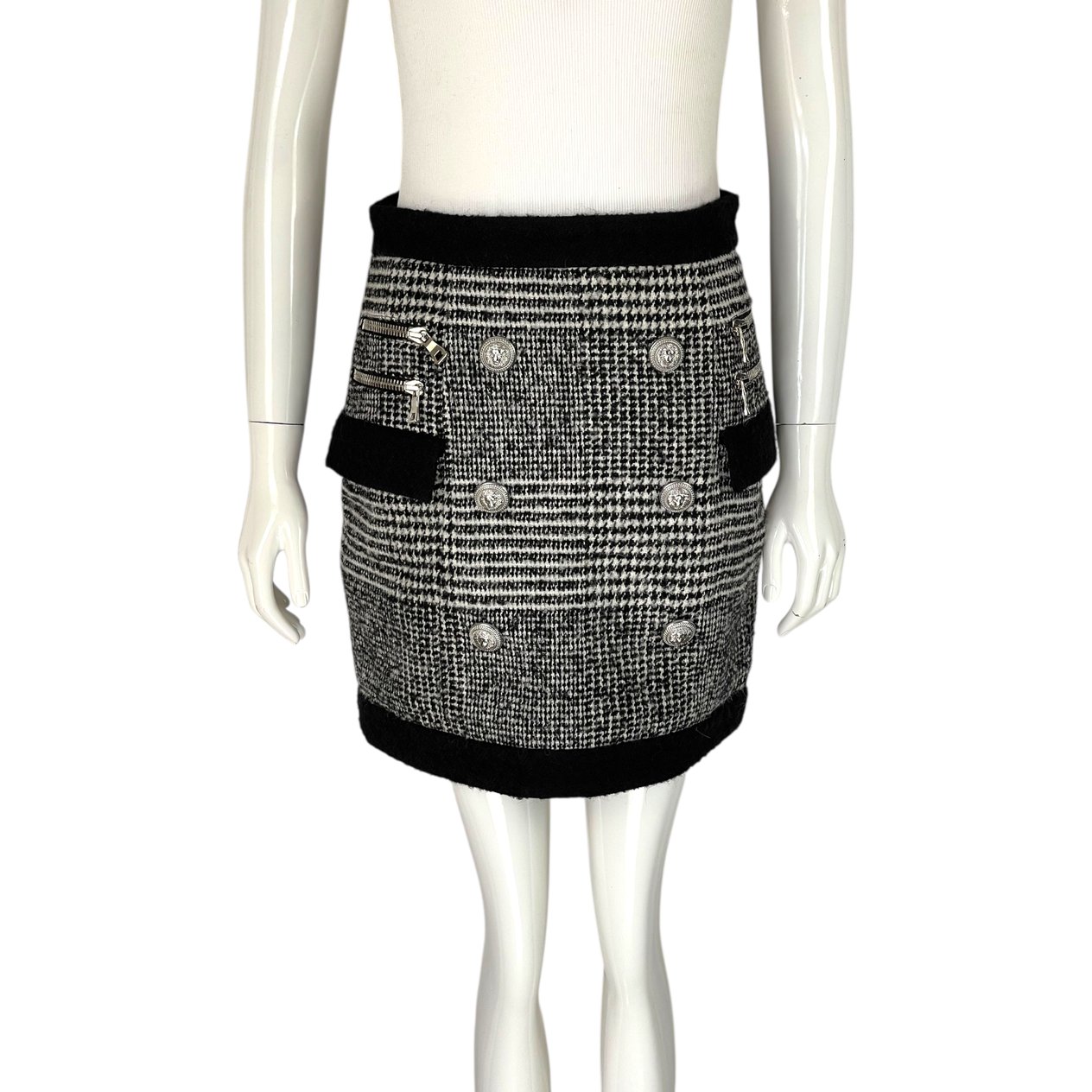  Balmain Black White Silver Button Wool Skirt 38 BALMAIN  