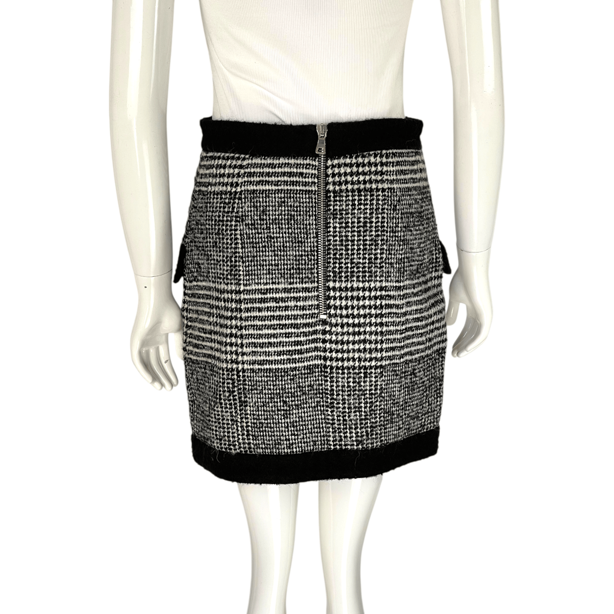  Balmain Black White Silver Button Wool Skirt 38 BALMAIN  
