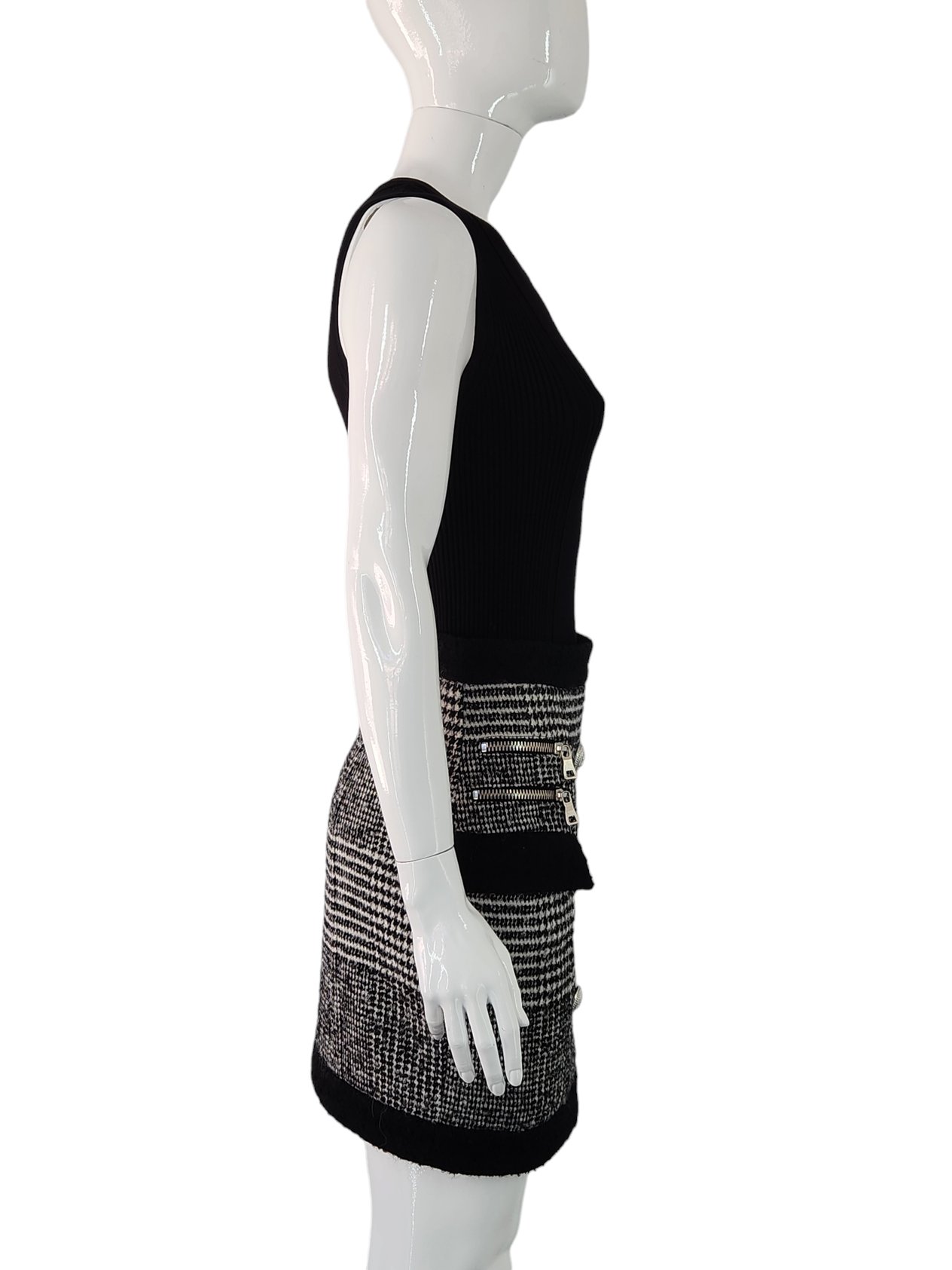  Balmain Black White Silver Button Wool Skirt 38 BALMAIN  
