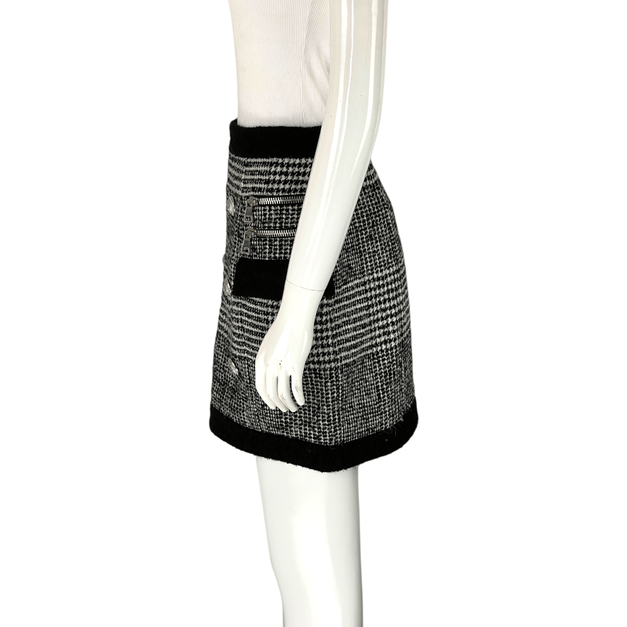  Balmain Black White Silver Button Wool Skirt 38 BALMAIN  
