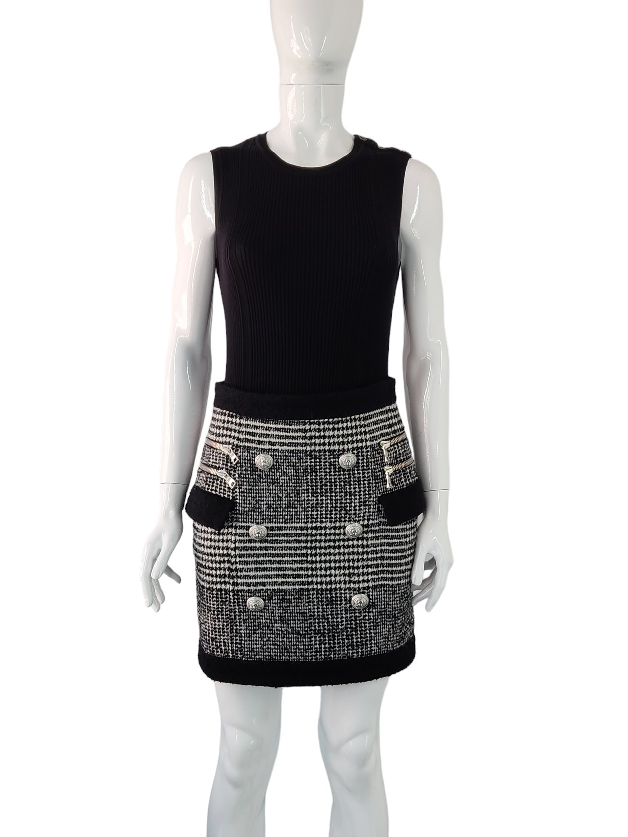 Balmain Black White Silver Button Wool Skirt 38 BALMAIN  