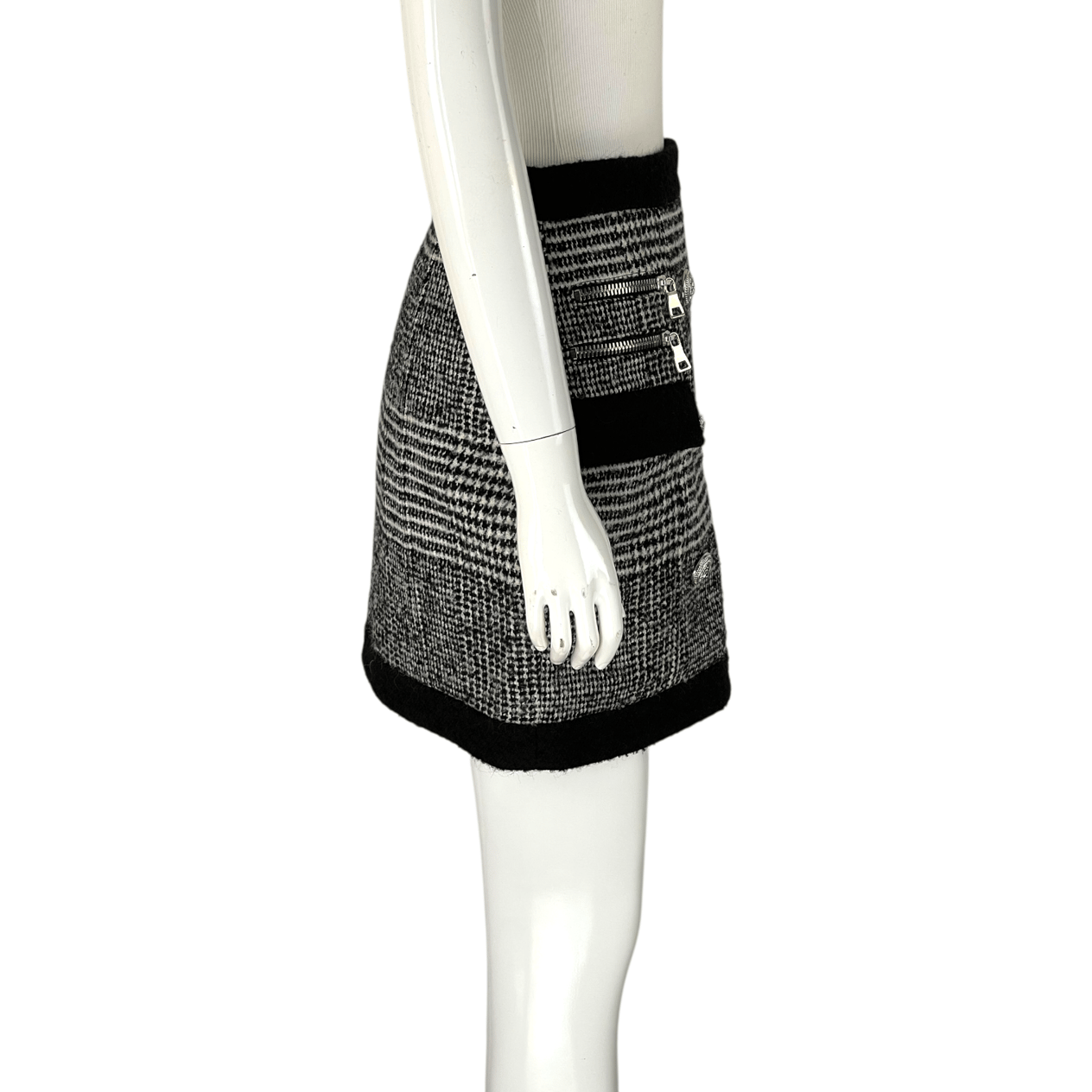  Balmain Black White Silver Button Wool Skirt 38 BALMAIN  