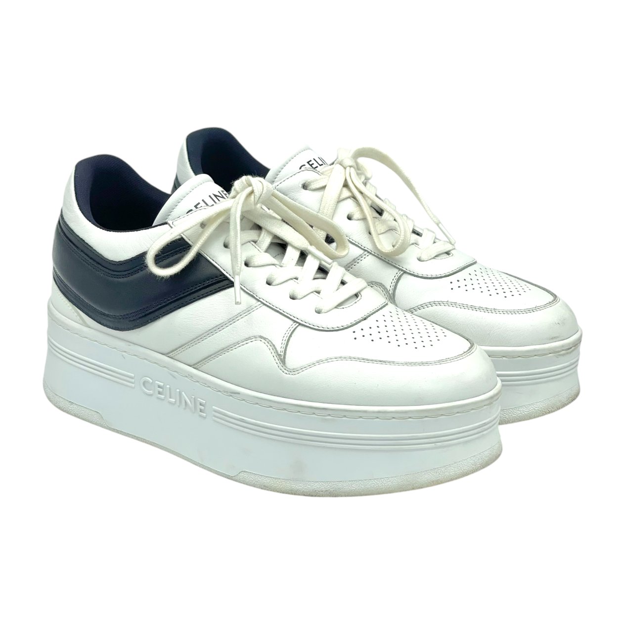  Celine White Black Leather Block Platform Sneakers 40 CELINE  